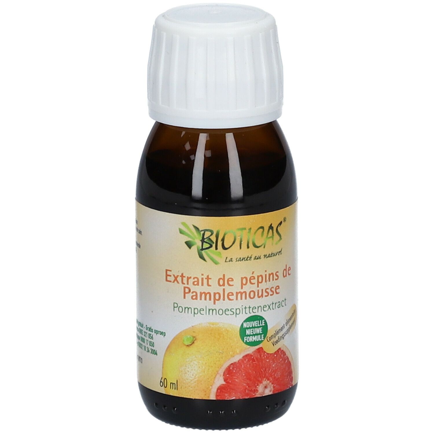Flacon en verre brun avec bouchon blanc. Inscription: Bioticas, Extrait de pépins de Pamplemousse. Illustration de pamplemousse. 60 ml.