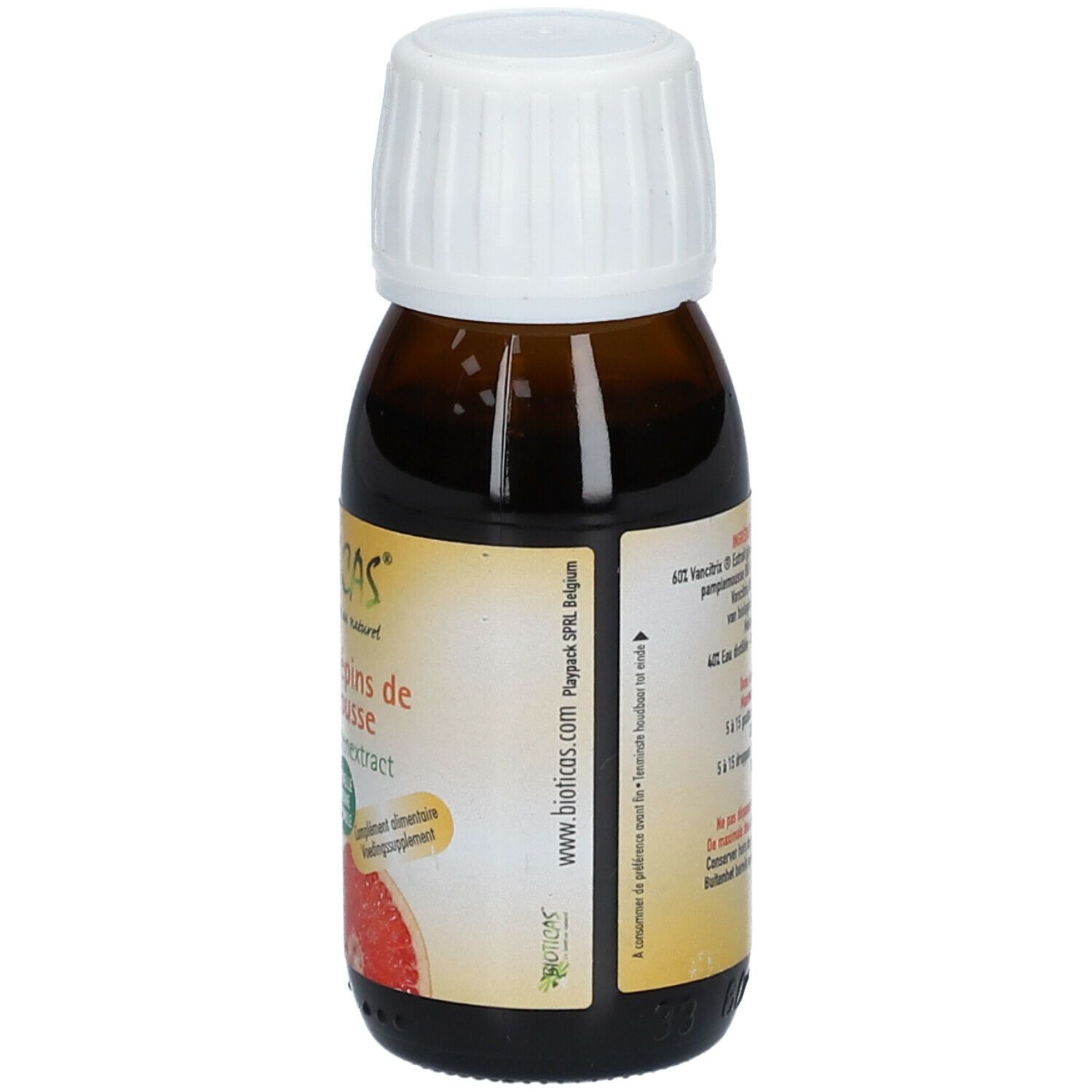 Flacon en verre brun avec bouchon blanc. Inscription: Bioticas, Extrait de pépins de Pamplemousse. 60 ml. Adresse du site web.