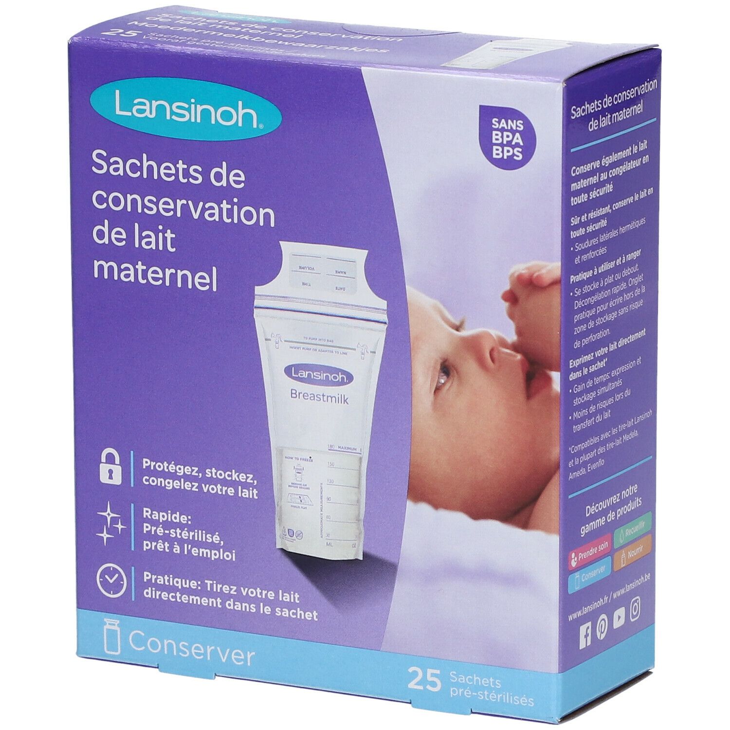 Verpackung mit Muttermilch-Aufbewahrungsbeuteln. Marke Lansinoh. 25 Beutel. BPA/BPS-frei. Aufdruck: 'Sachets de conservation de lait maternel'.