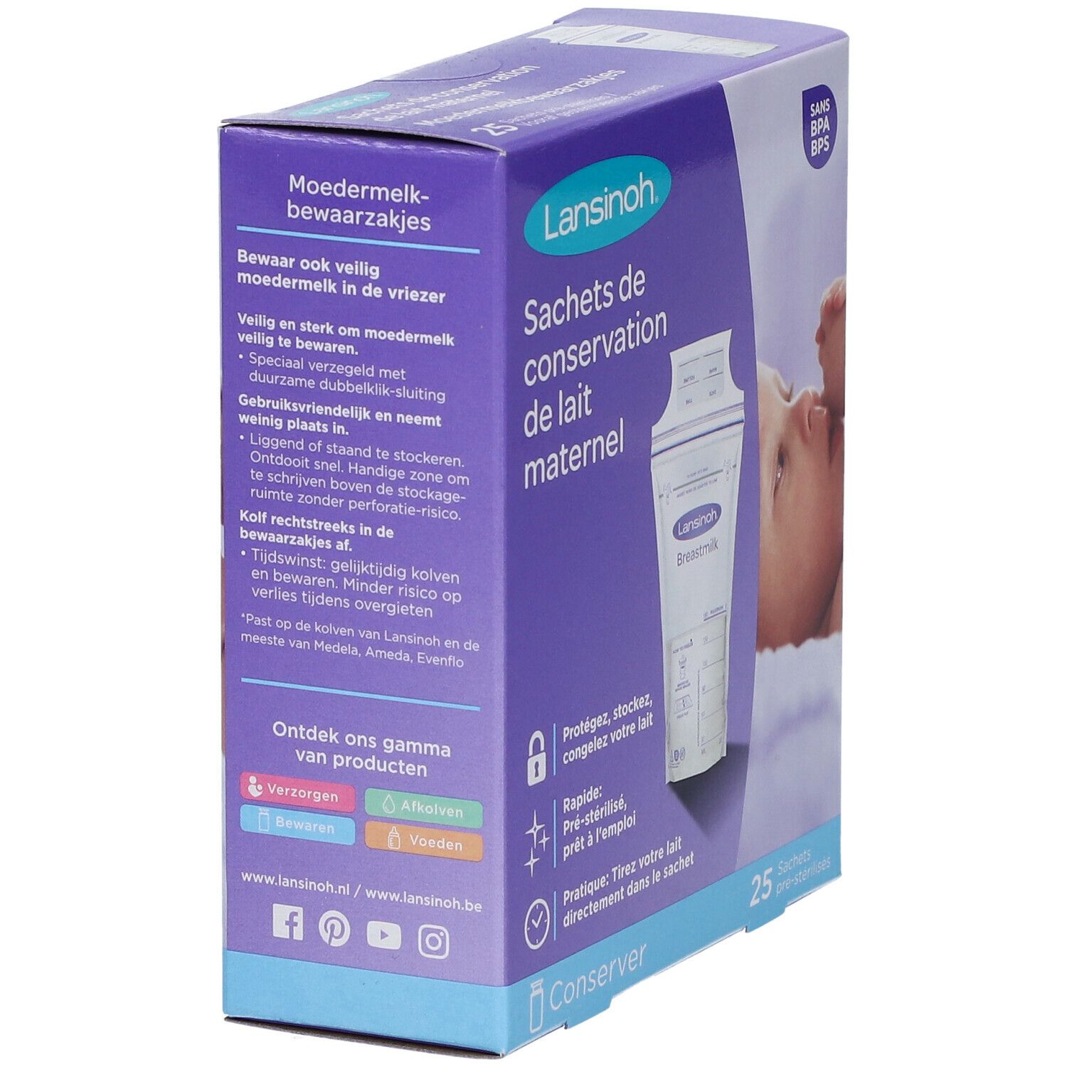 Verpackung mit Lansinoh Muttermilch-Aufbewahrungsbeuteln. Text: 'Sachets de conservation de lait maternel'. 25 Beutel. BPA/BPS-frei. Seitenansicht.