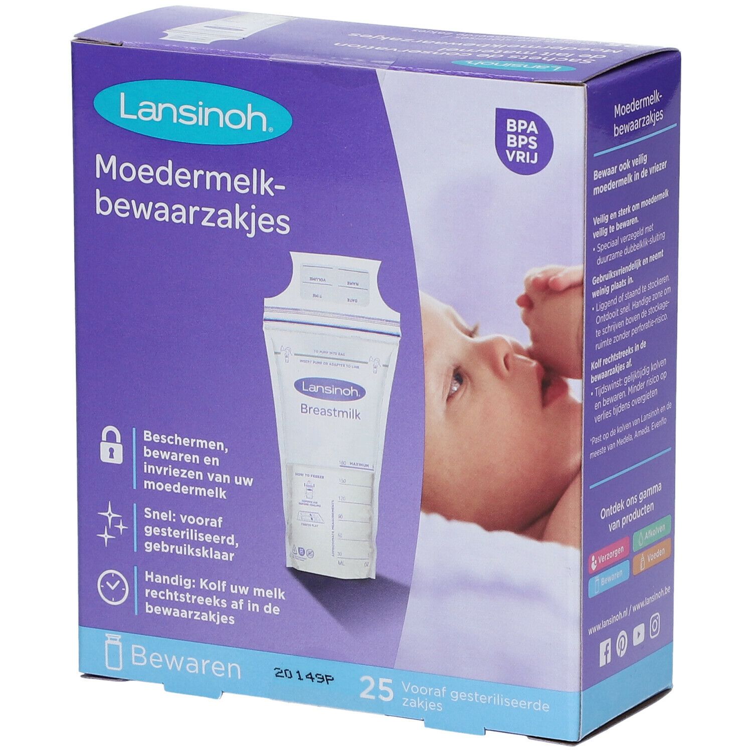 Verpackung mit Lansinoh Muttermilch-Aufbewahrungsbeuteln. 25 Stück. BPA/BPS-frei. Aufdruck: 'Moedermelk-bewaarzakjes'. Bild eines Babys.