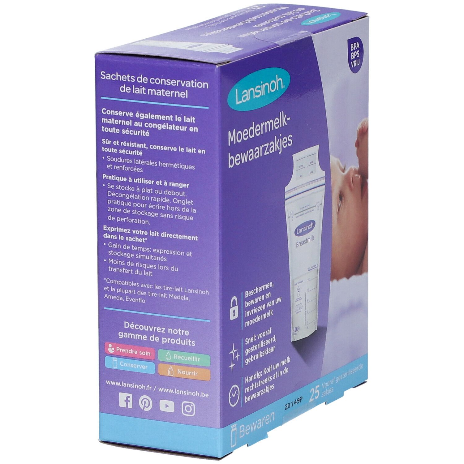 Verpackung mit Lansinoh Muttermilch-Aufbewahrungsbeuteln. 25 Stück. BPA/BPS-frei. Text: 'Moedermelk-bewaarzakjes'. Seitenansicht.
