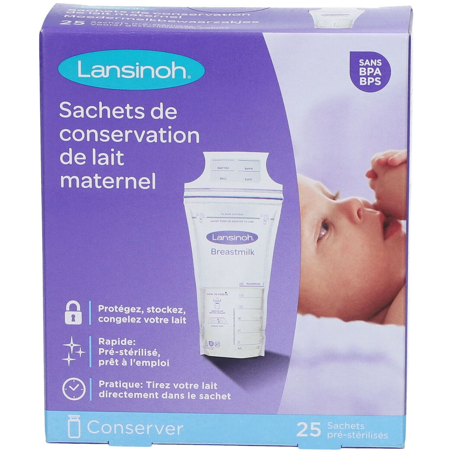 Verpackung mit Lansinoh Muttermilch-Aufbewahrungsbeuteln. 25 Stück. BPA/BPS-frei. Aufdruck: 'Sachets de conservation de lait maternel'.