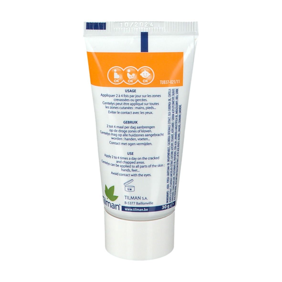 Dos du tube de crème avec texte et logos. Fond blanc.