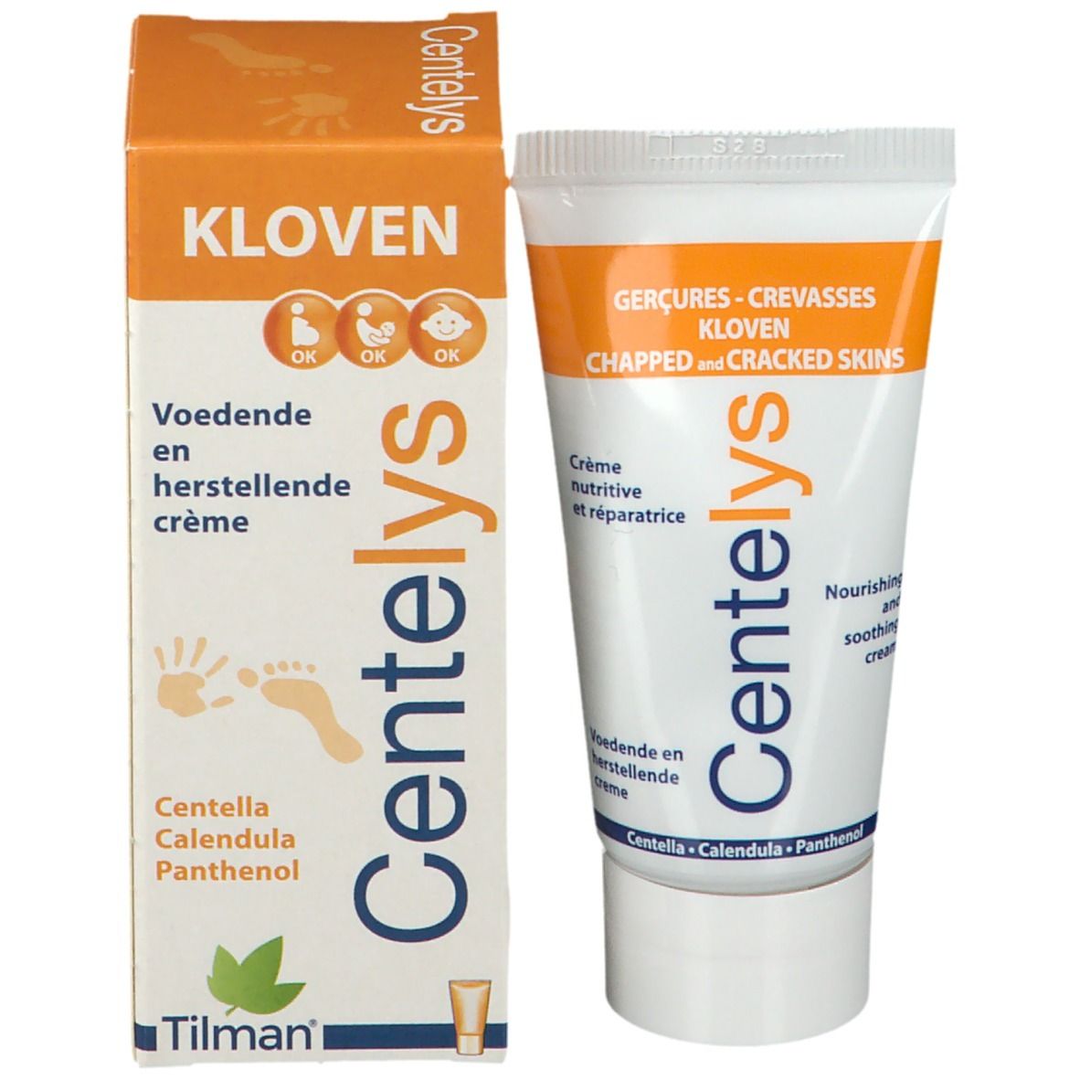 Emballage du produit et tube. Emballage orange avec nom et texte du produit. Fond blanc.