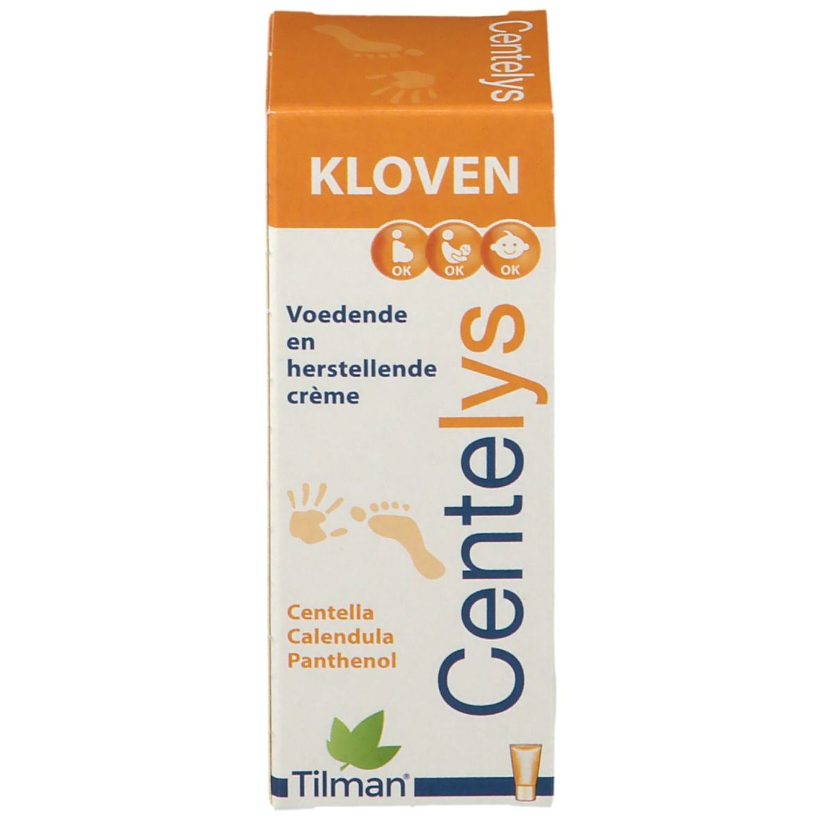 Emballage du produit avec nom et texte du produit. Emballage orange. Fond blanc.