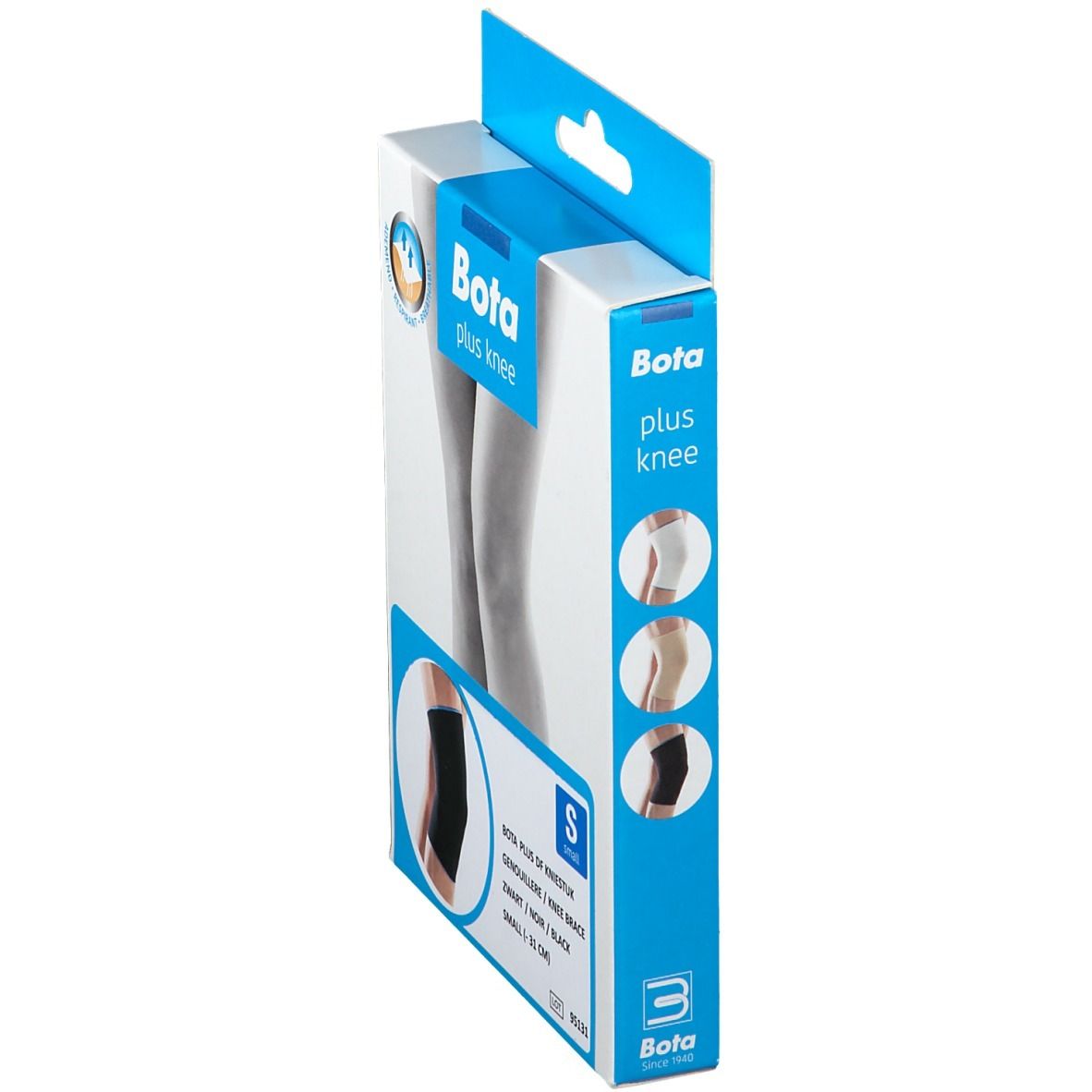 Verpakking Bota plus knee, kniebrace zwart. Maat S. Zijaanzicht met productafbeeldingen.