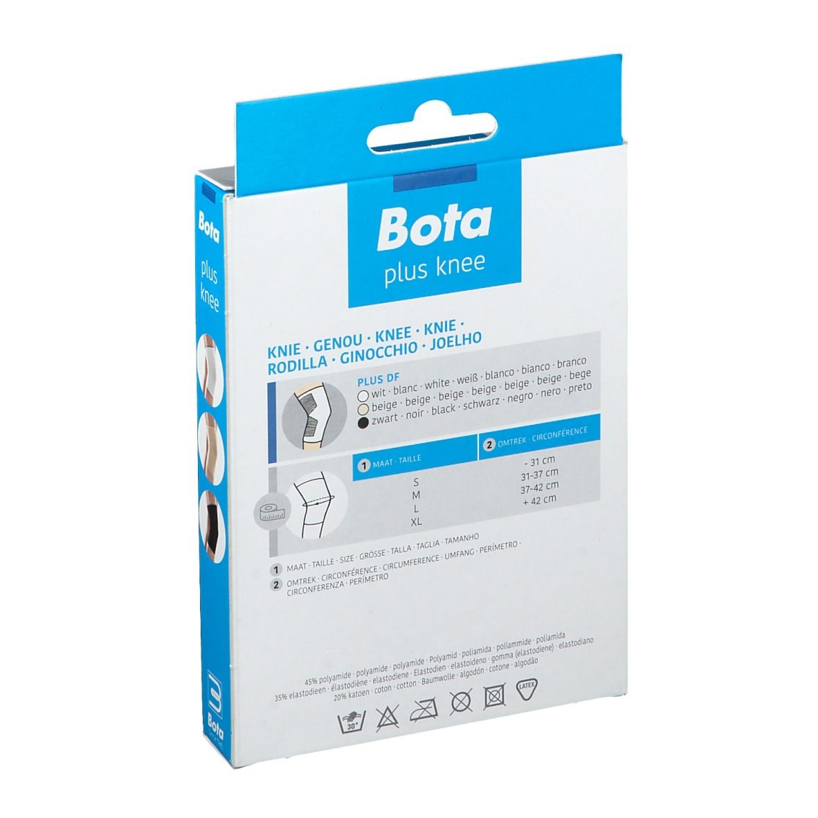 Achterkant van de verpakking Bota plus knee. Maatinformatie en productinformatie in verschillende talen.