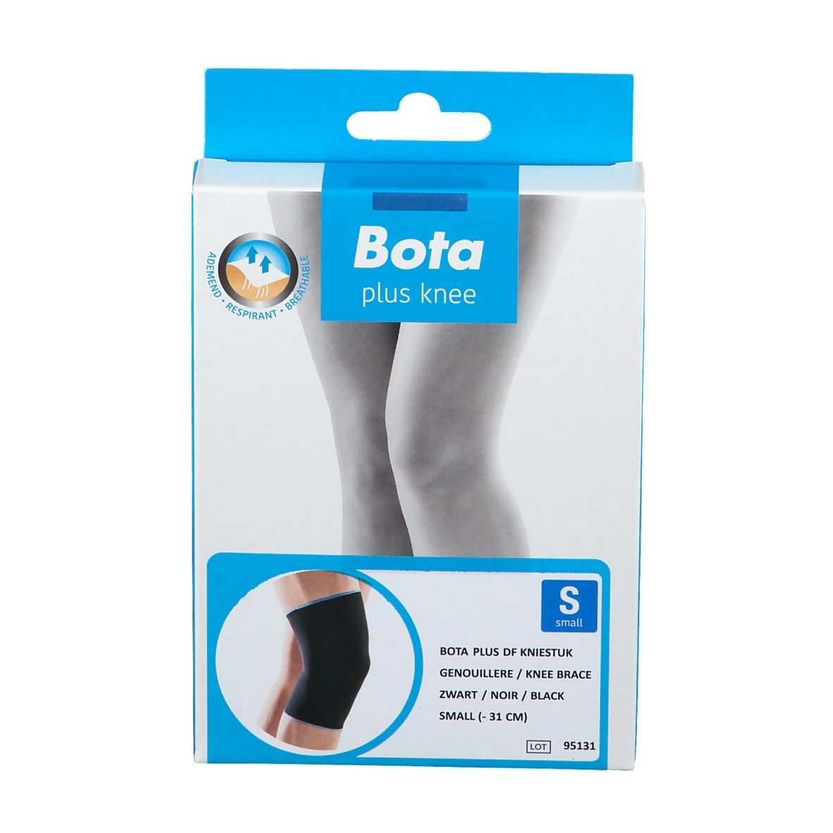 Verpakking Bota plus knee, kniebrace zwart. Maat S, 31 cm. Productafbeelding op de verpakking.