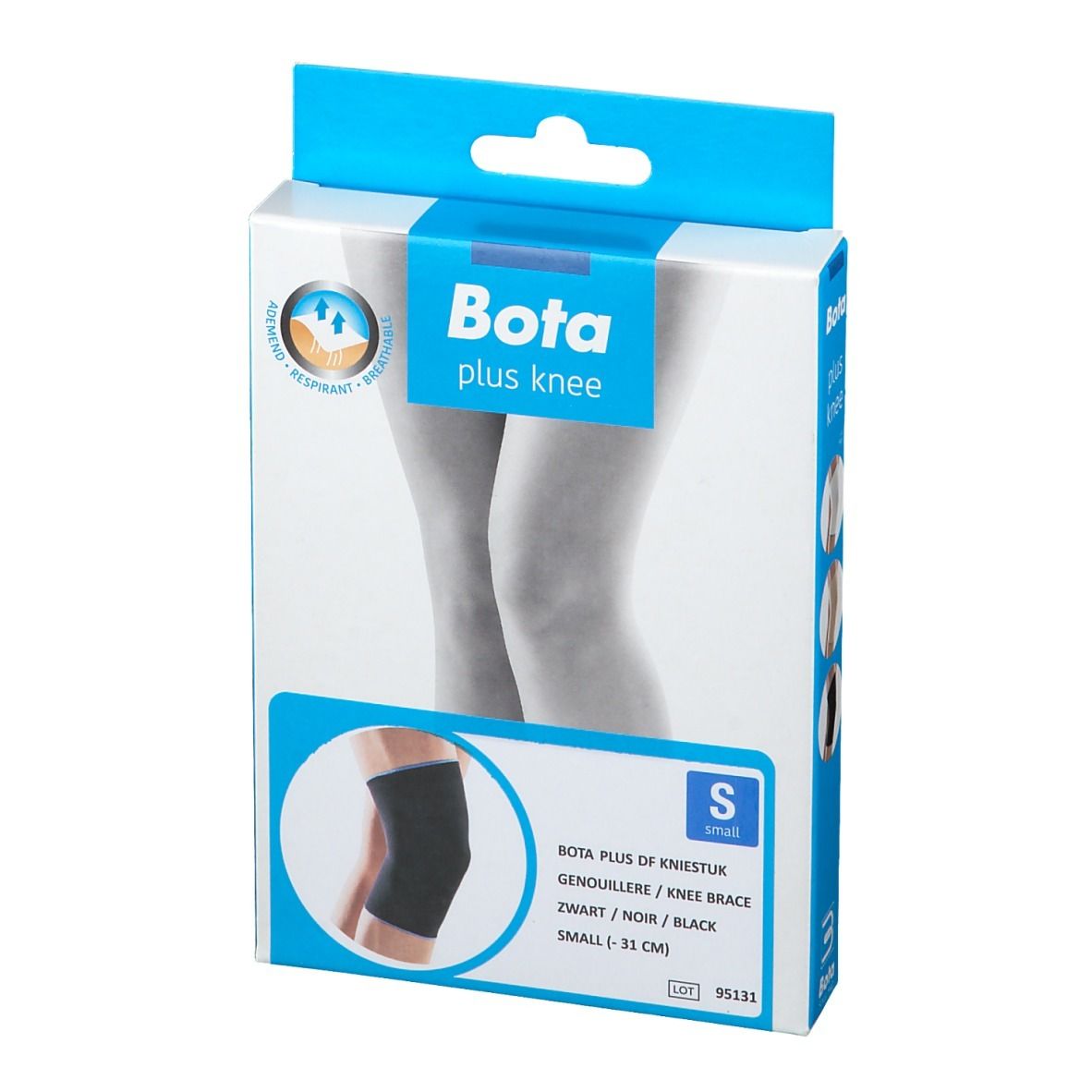 Verpakking Bota plus knee, kniebrace zwart. Maat S, 31 cm. Productafbeelding op de verpakking.