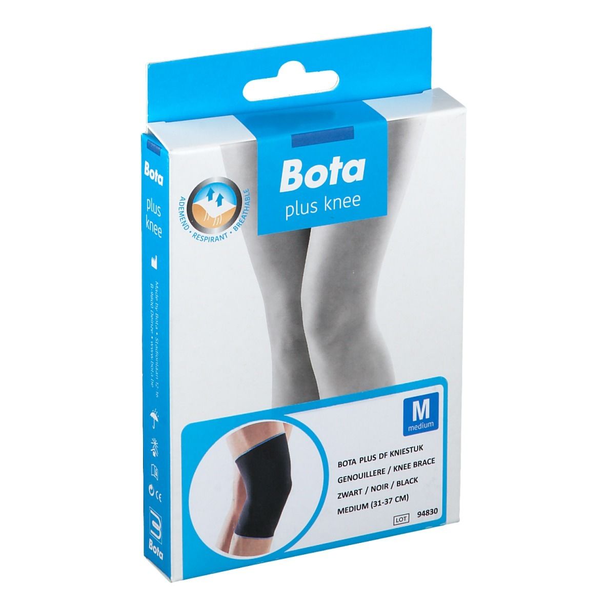 Emballage de genouillère Bota Plus. Noir, taille M. Texte: Bota plus knee, Bota Plus de Kniestuk, Medium (33-37 cm).