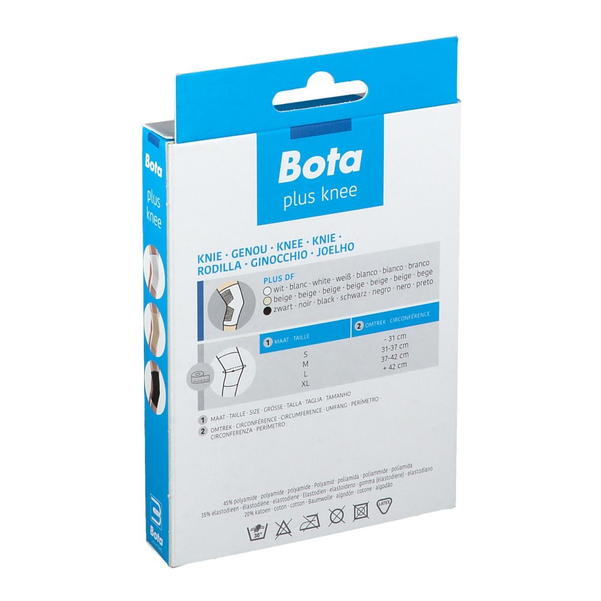 Dos de l'emballage de la genouillère Bota Plus. Informations sur les tailles et le produit. Texte: Bota plus knee, informations sur les tailles, Bota.