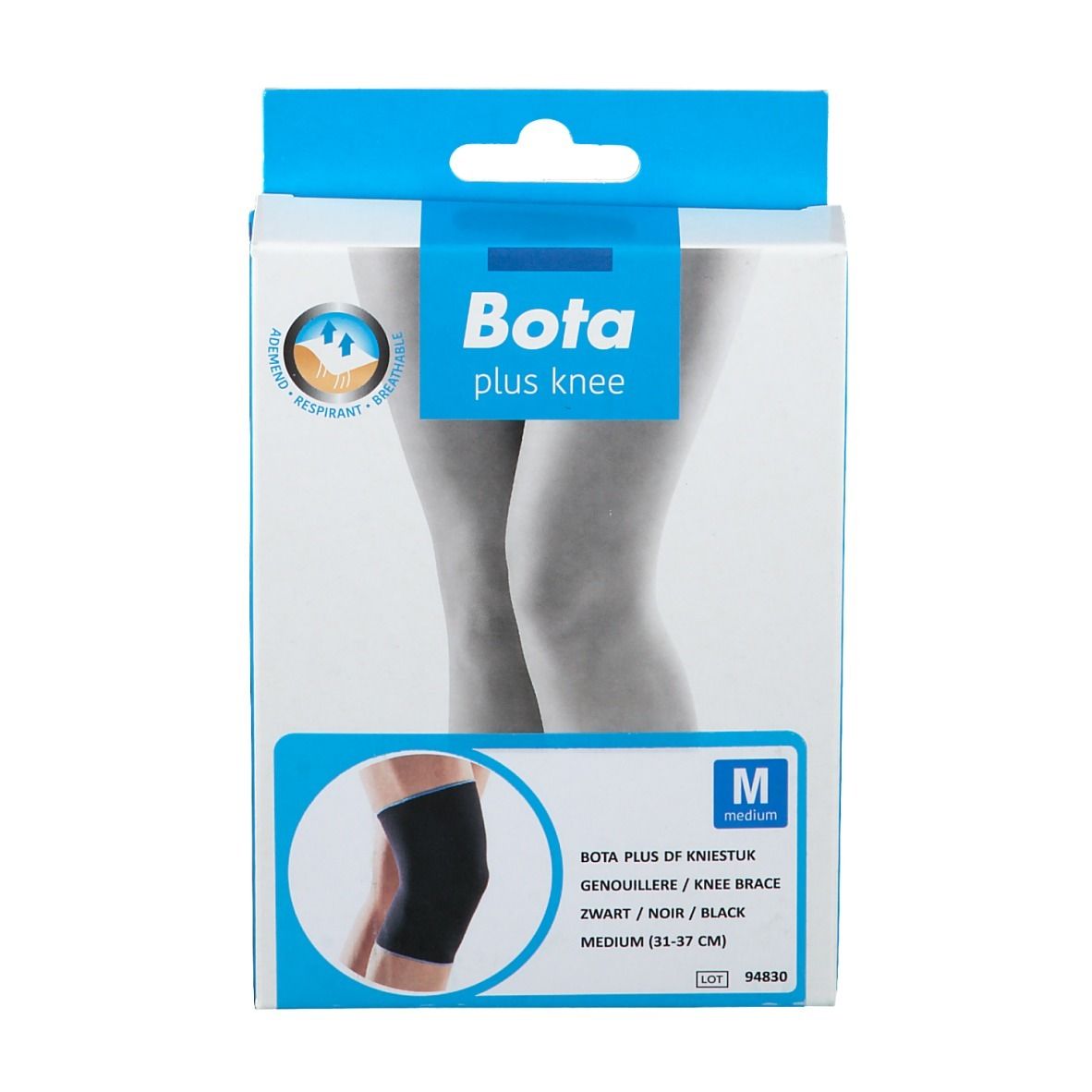 Emballage de genouillère Bota Plus. Noir, taille M. Texte: Bota plus knee, Bota Plus de Kniestuk, Medium (33-37 cm).