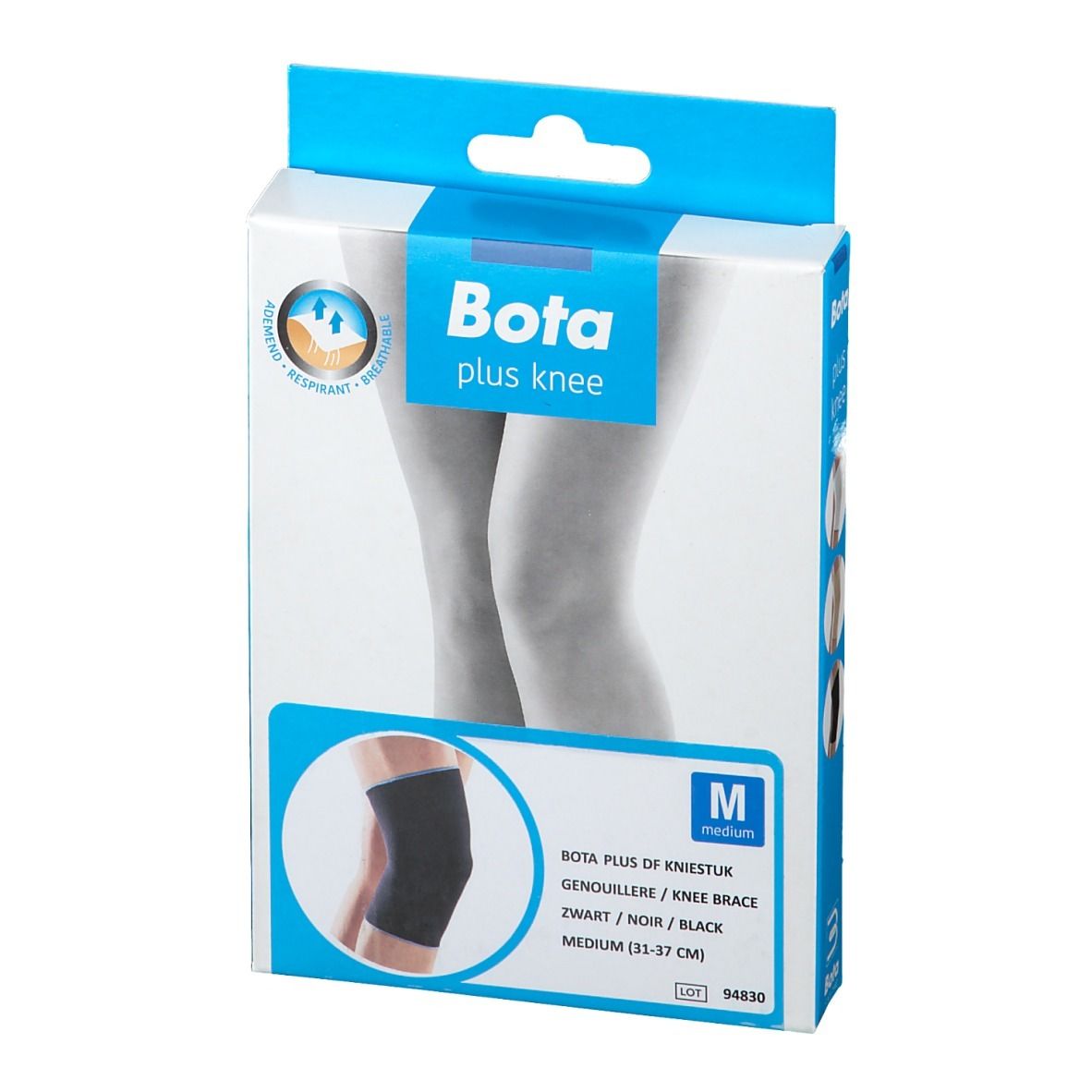 Emballage de genouillère Bota Plus. Noir, taille M. Texte: Bota plus knee, Bota Plus de Kniestuk, Medium (33-37 cm).