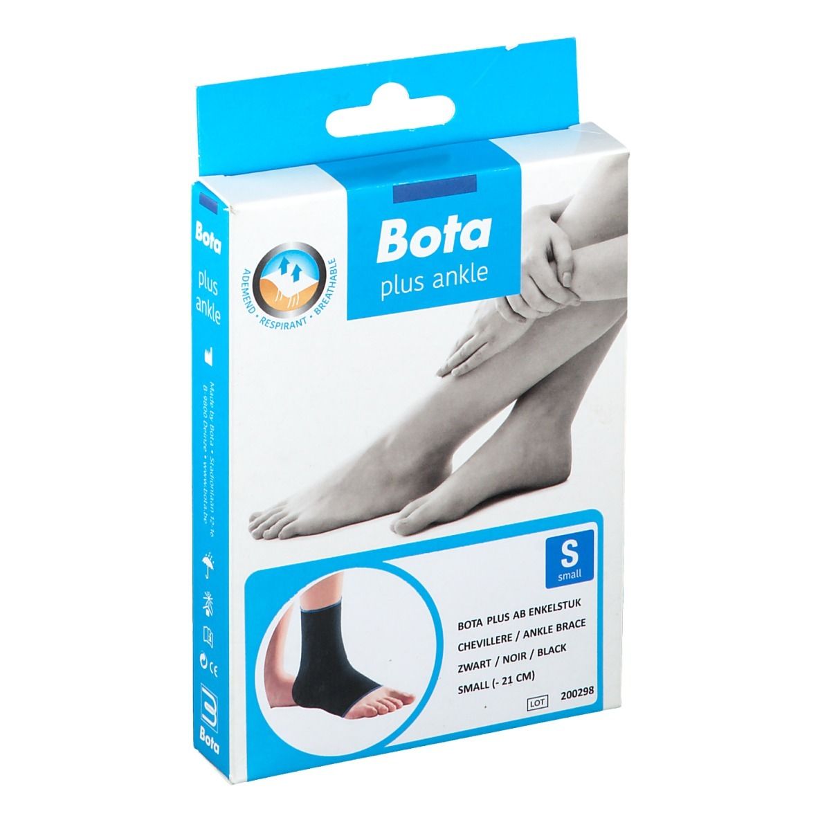 Boîte Bota Plus Ankle, taille S. Illustration d'une chevillère et d'un pied. Texte : Bota plus ankle, Bota Plus AB enkelstuk.