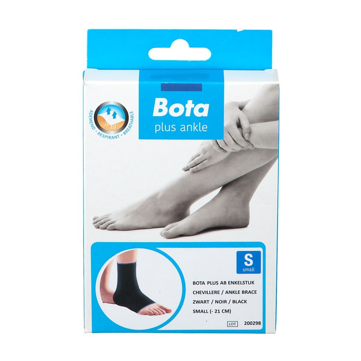 Boîte Bota Plus Ankle, taille S. Illustration d'une chevillère et d'un pied. Texte : Bota plus ankle, Bota Plus AB enkelstuk.