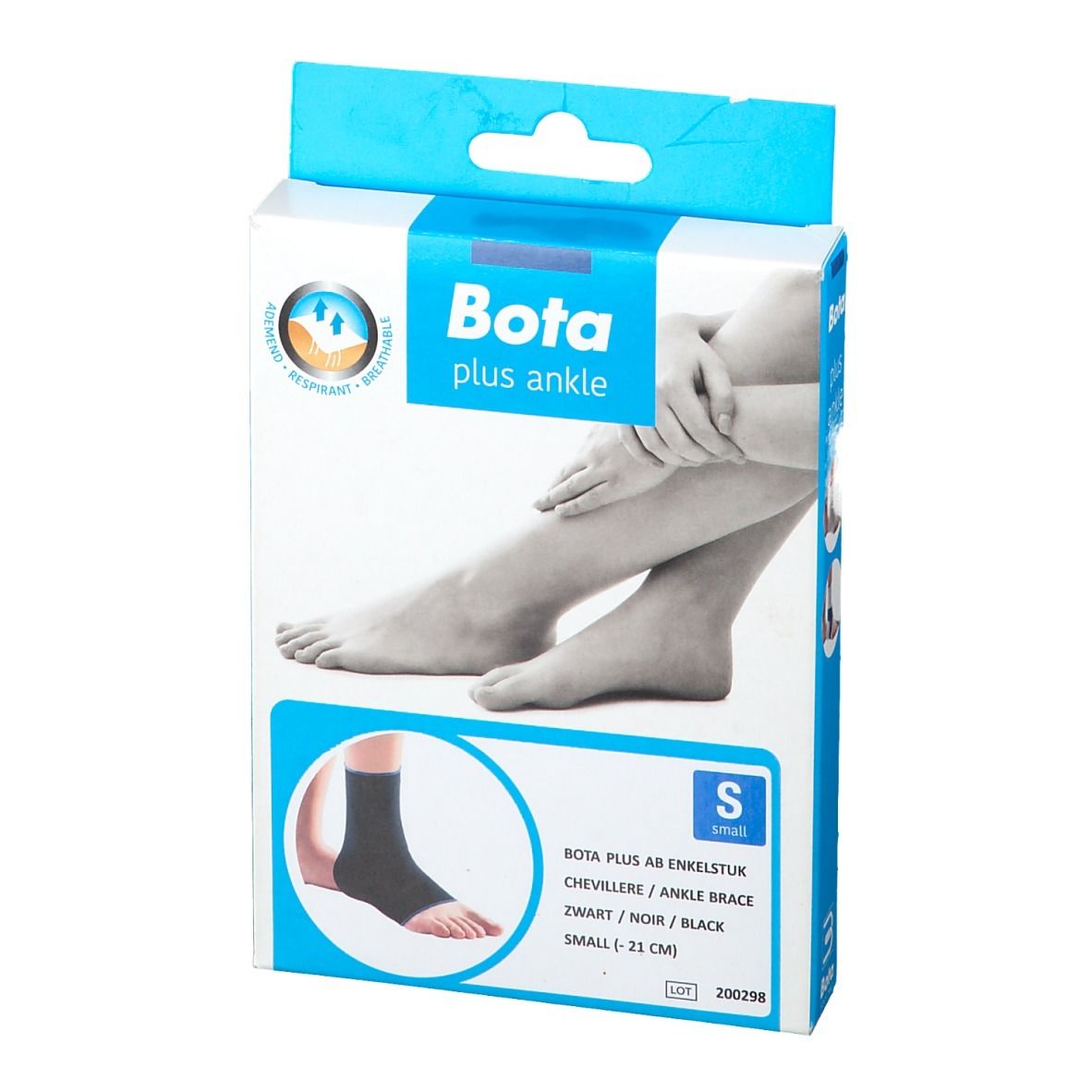 Boîte Bota Plus Ankle, taille S. Illustration d'une chevillère et d'un pied. Texte : Bota plus ankle, Bota Plus AB enkelstuk.