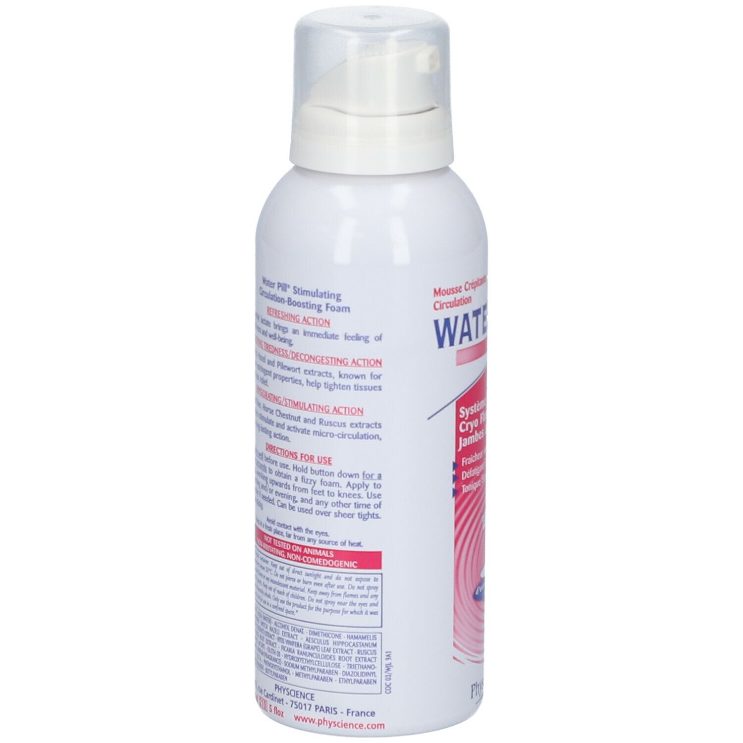 Dos du flacon WATER PILL CIRCULATION. Ingrédients, mode d'emploi. Inscription rose. Texte en français.