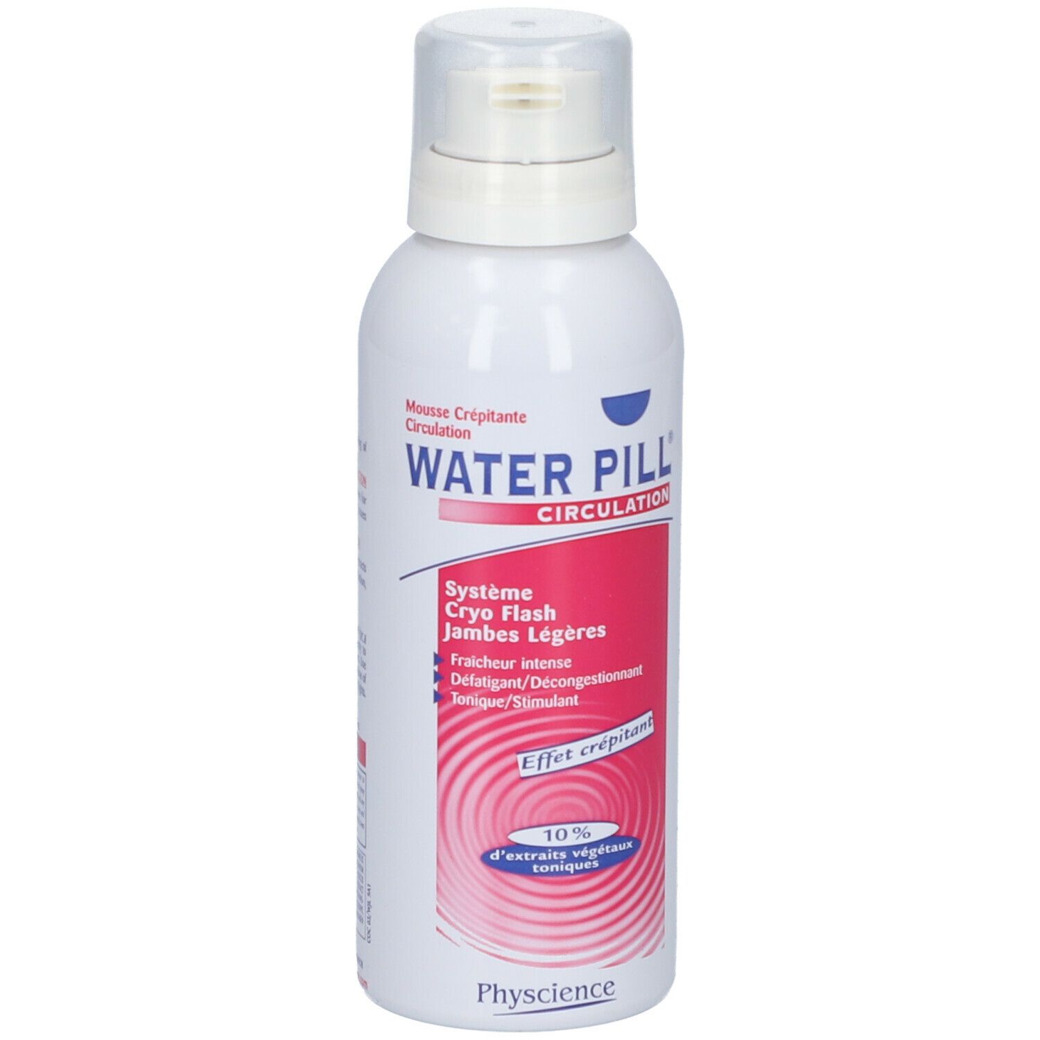 Flacon blanc WATER PILL CIRCULATION. Inscription rose. Système Cryo Flash. Pour jambes légères. Bouchon.
