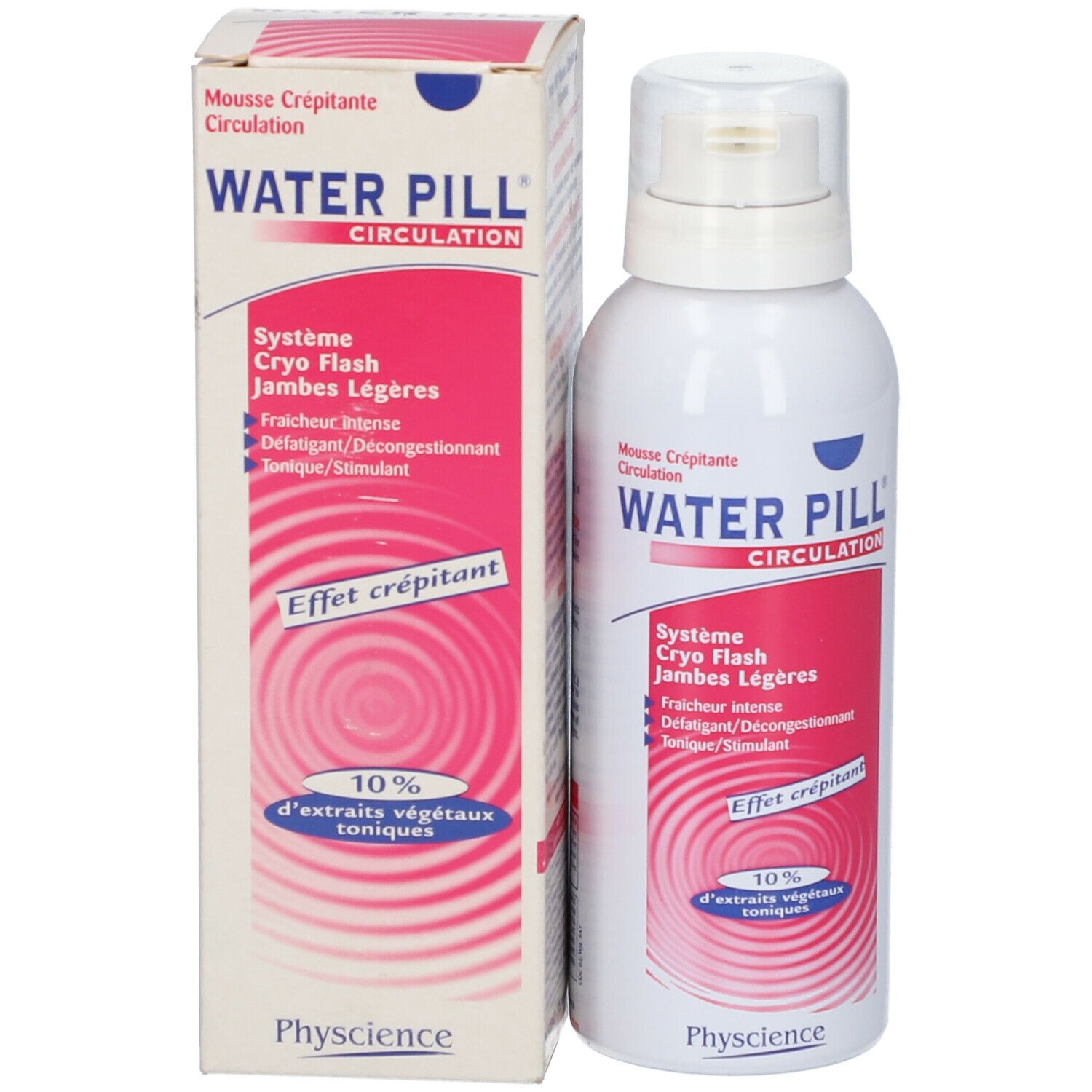 Flacon et boîte WATER PILL CIRCULATION. Inscription rose. Système Cryo Flash. Pour jambes légères. Fond blanc.