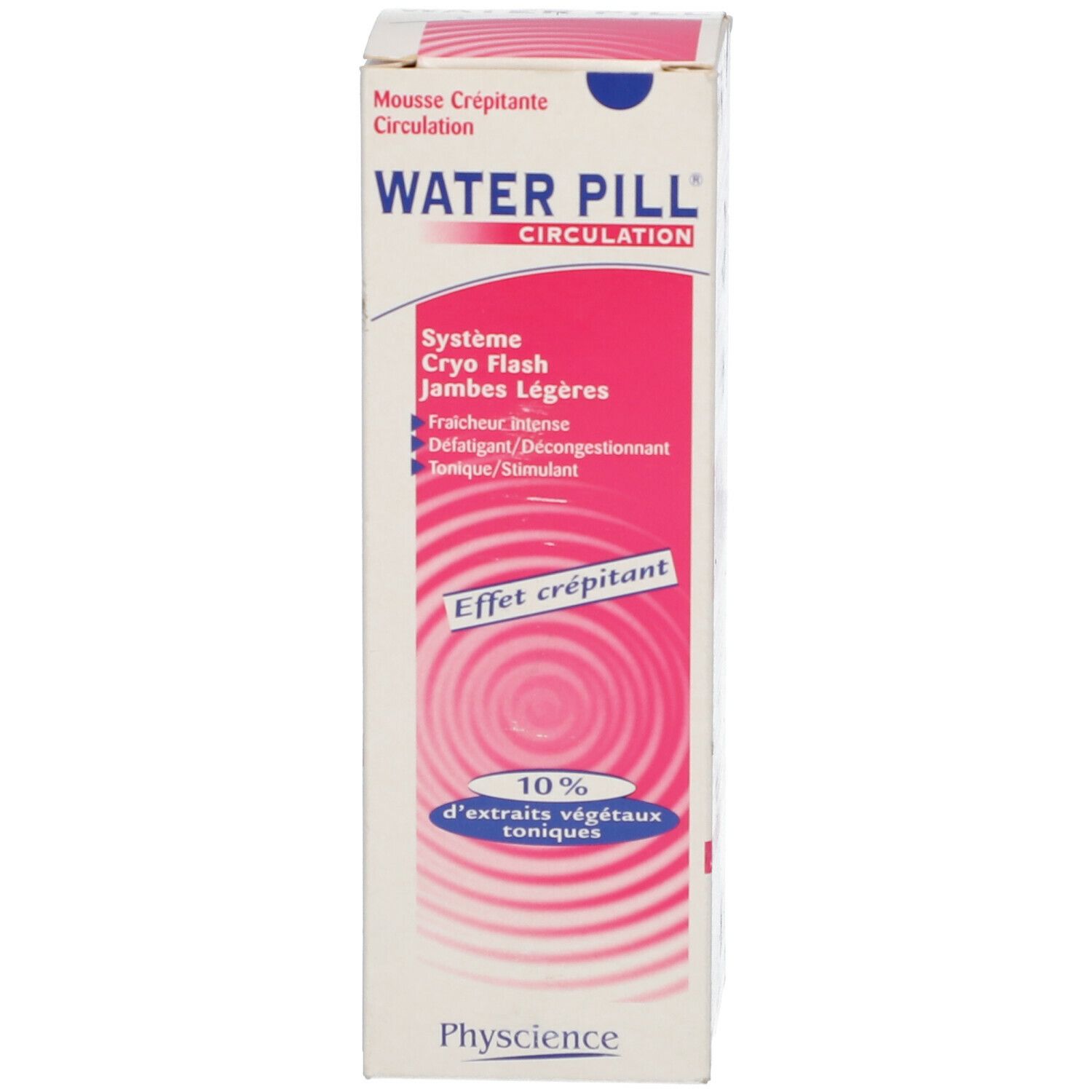 Boîte WATER PILL CIRCULATION. Inscription rose. Système Cryo Flash. Pour jambes légères. Fond blanc.