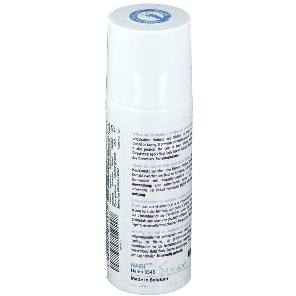 Flacon blanc avec texte. Protège des frottements causés par la transpiration et les vêtements. 50ml, Fabriqué en Belgique.