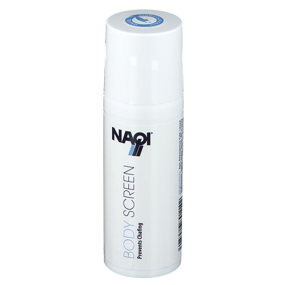 Flacon blanc avec logo NAQI et inscription BODY SCREEN. Prévient les frottements.