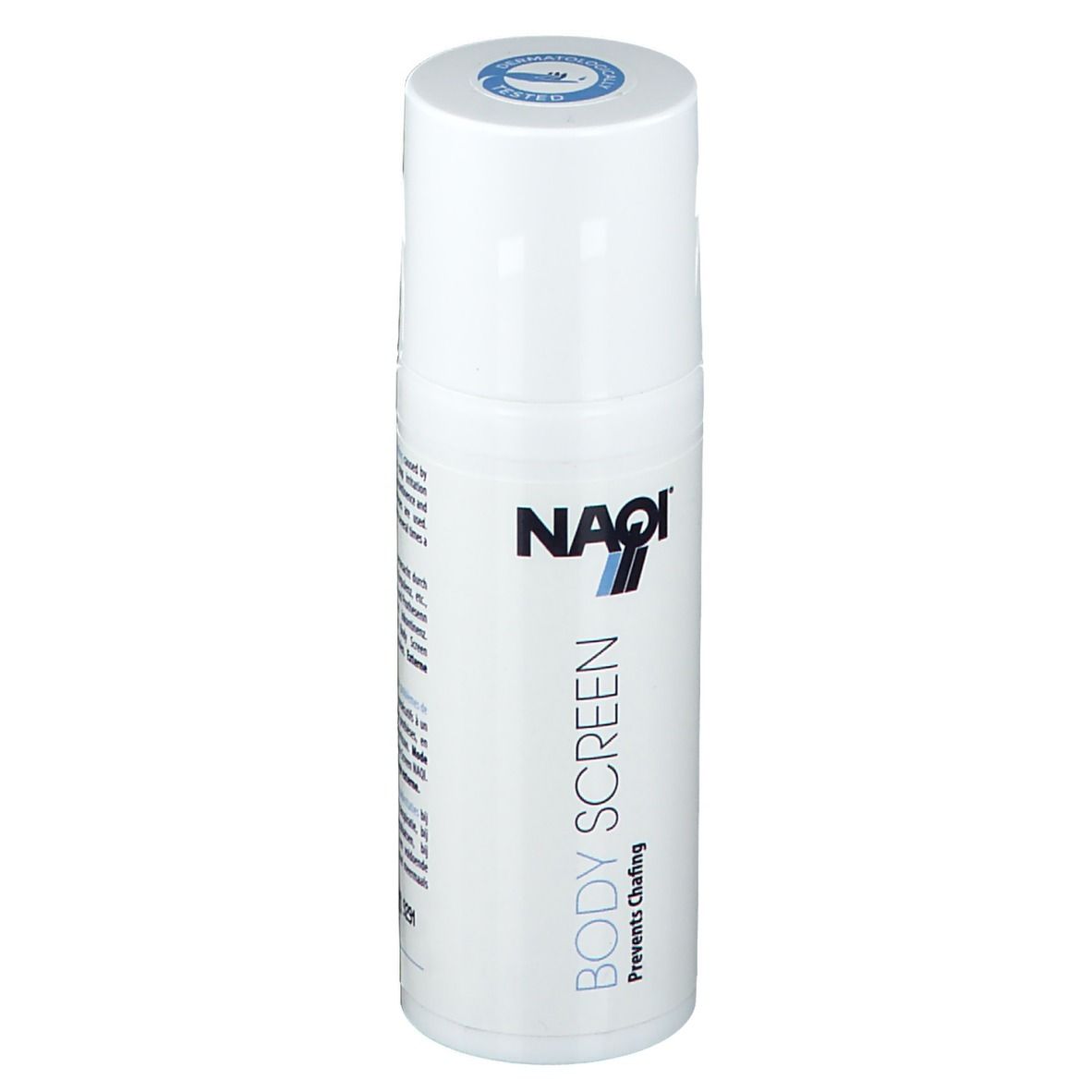 Flacon blanc avec logo NAQI et inscription BODY SCREEN. Prévient les frottements.