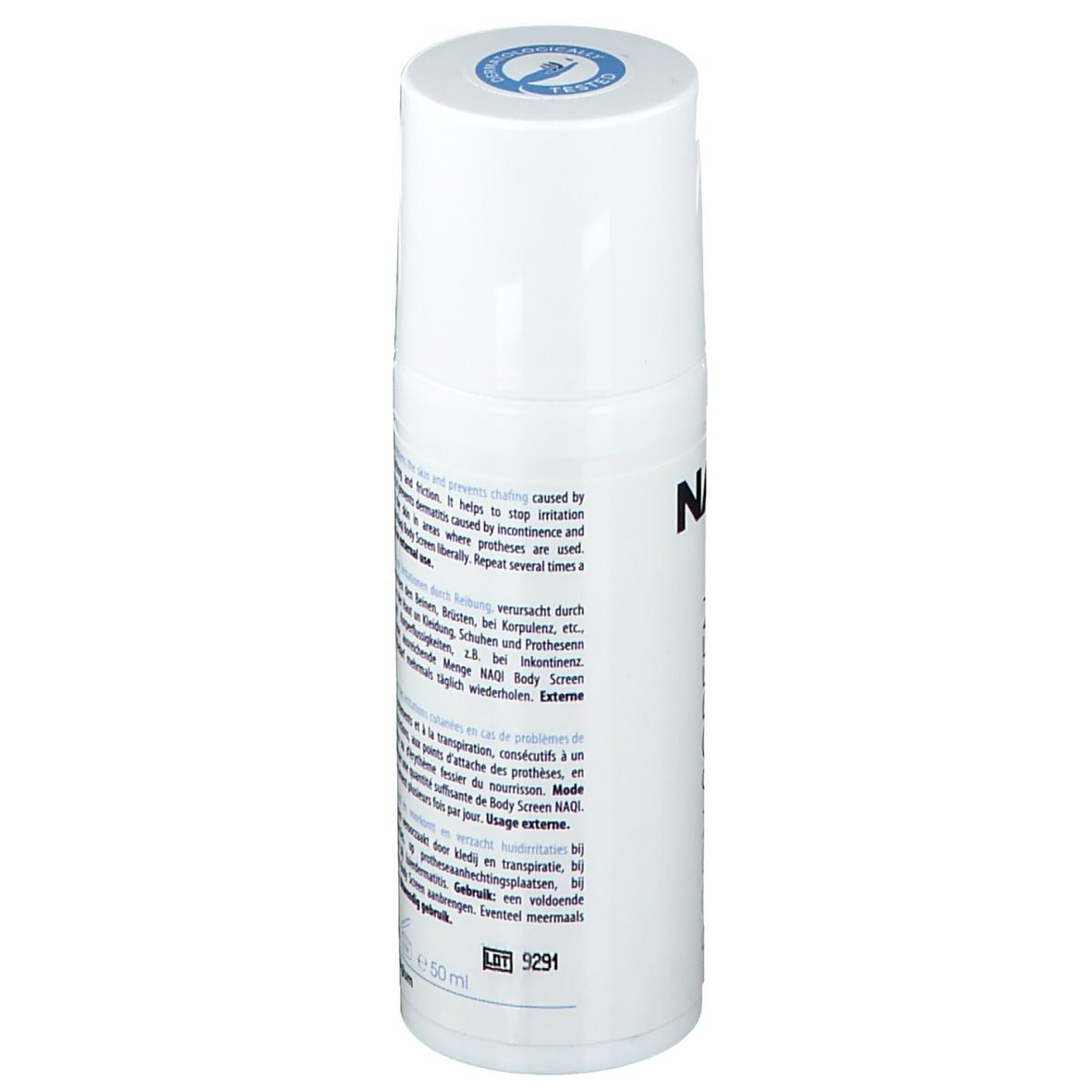 Flacon blanc avec texte. Aide à arrêter l'irritation causée par la transpiration et les vêtements. 50ml.