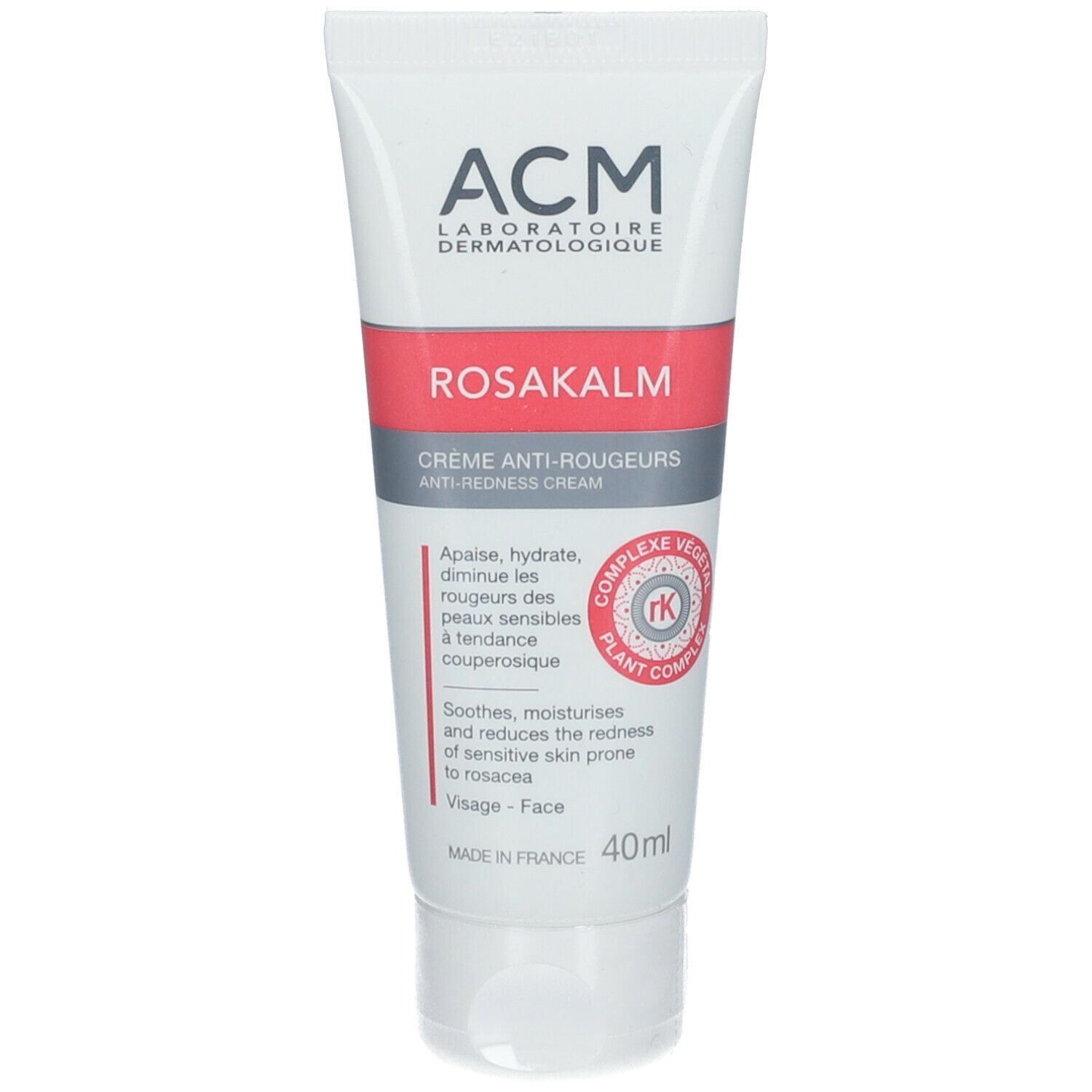 Creme-Tube ROSAKALM, weiß mit roter und grauer Schrift. Marke ACM. 40ml. Aufschrift: Creme gegen Rötungen.