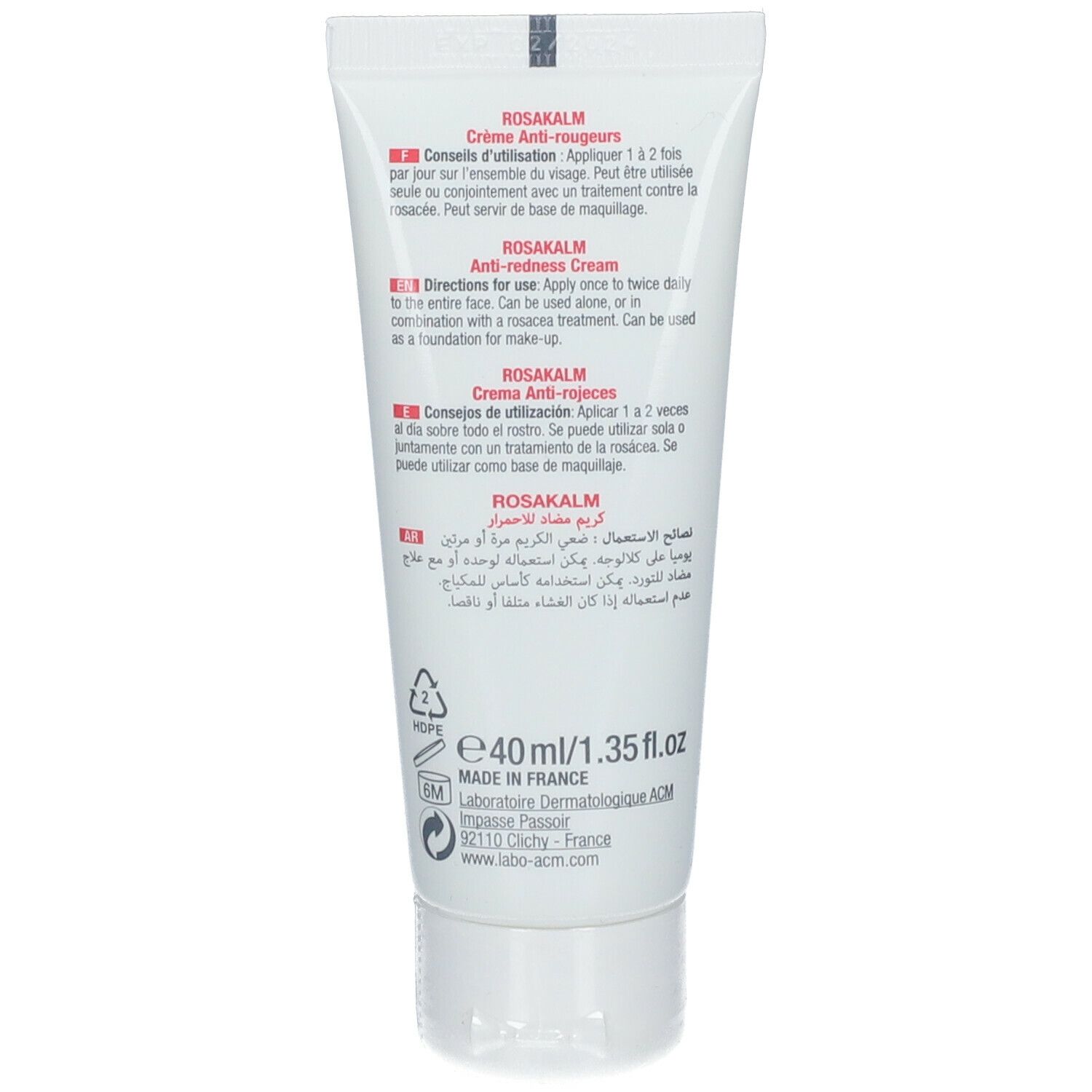 Rückseite der ROSAKALM Creme-Tube. Text in mehreren Sprachen. Herstellerinformationen. 40ml/1.35 fl.oz.
