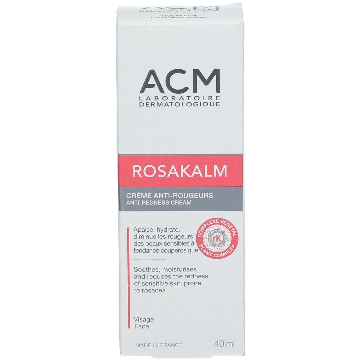 Verpackung von ROSAKALM Creme. Weiß mit roter und grauer Schrift. Marke ACM. 40ml. Aufschrift: Creme gegen Rötungen.