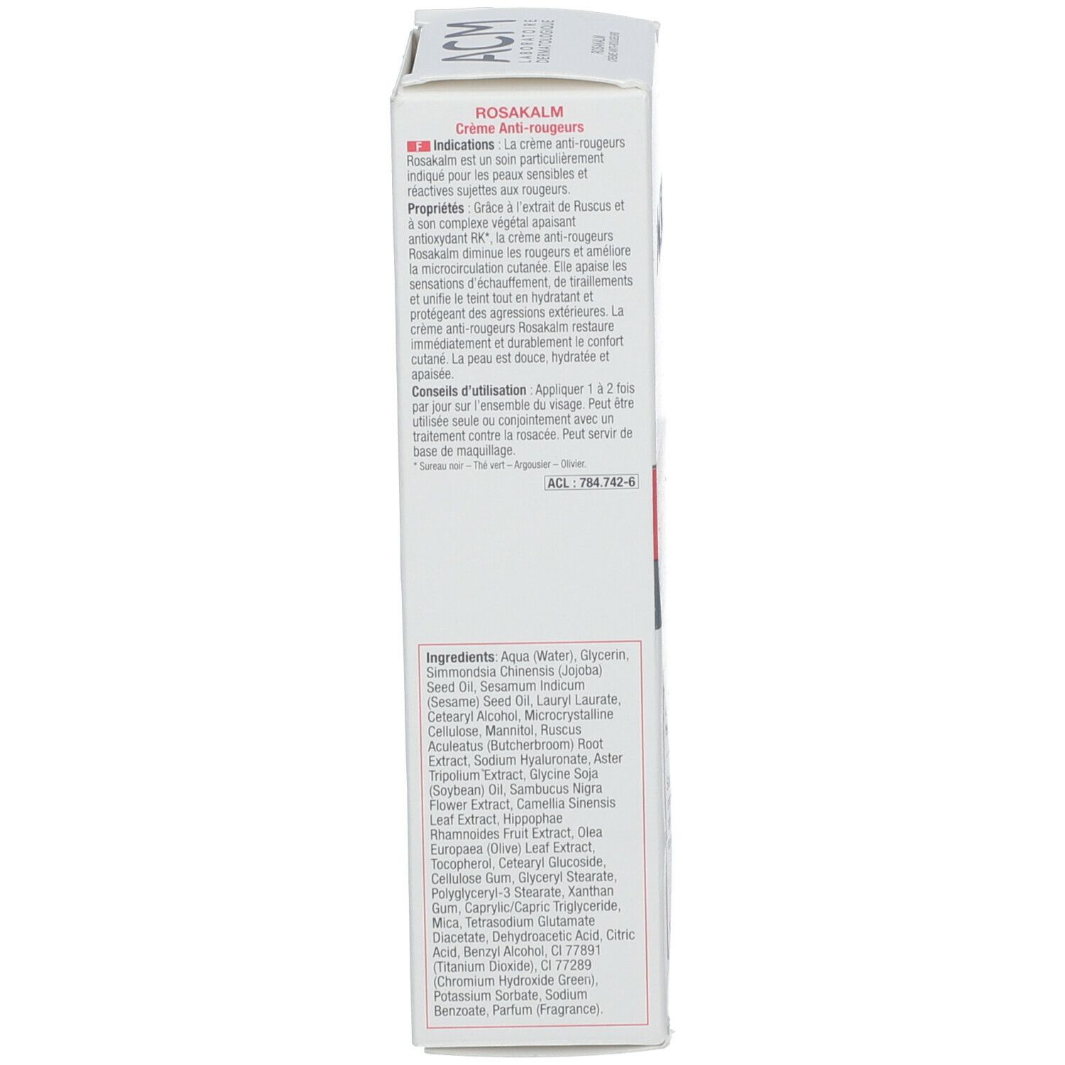 Verpackung von ROSAKALM Creme. Text in mehreren Sprachen. Zutatenliste. Herstellerinformationen.