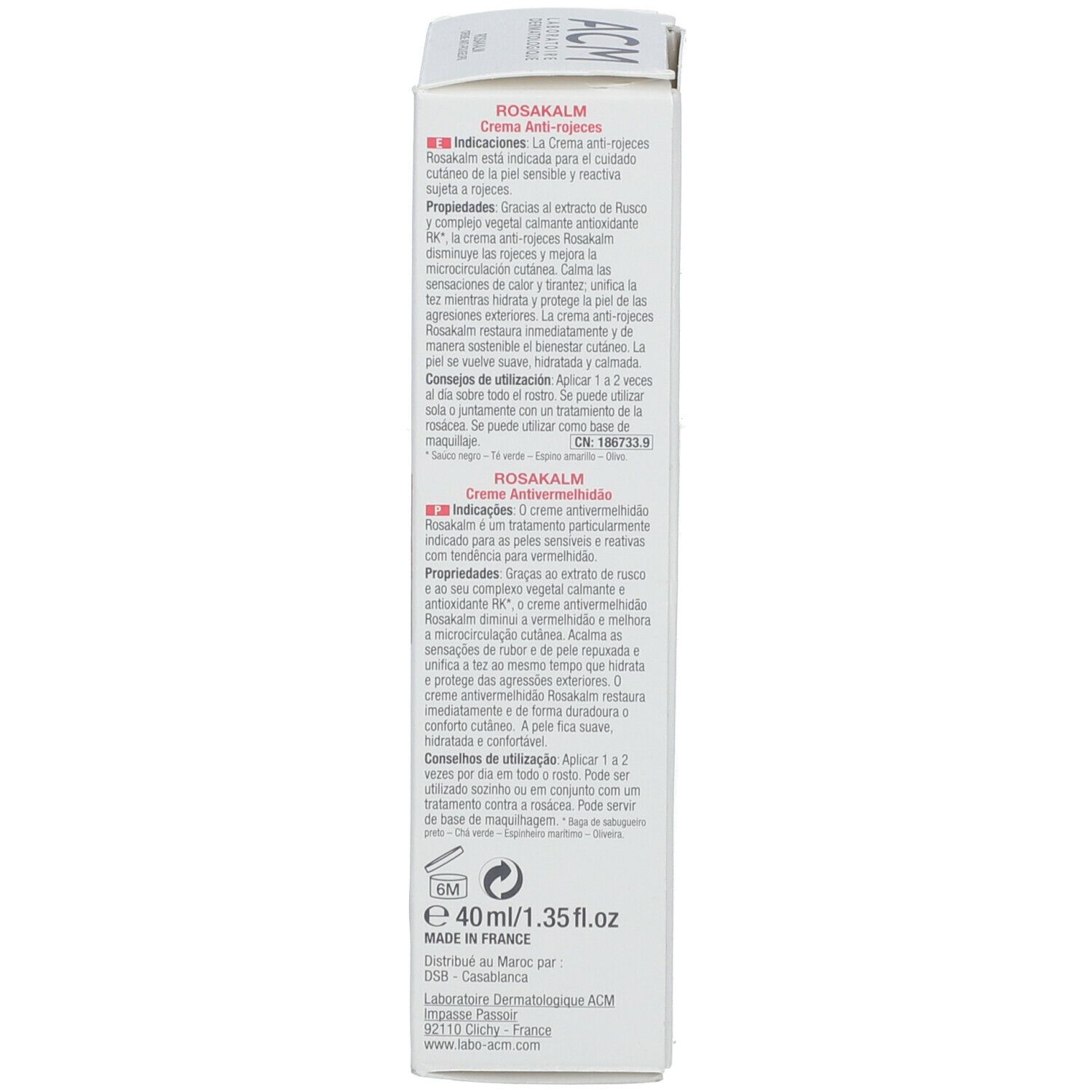 Verpackung von ROSAKALM Creme. Text in mehreren Sprachen. Herstellerinformationen. 40ml/1.35 fl.oz.