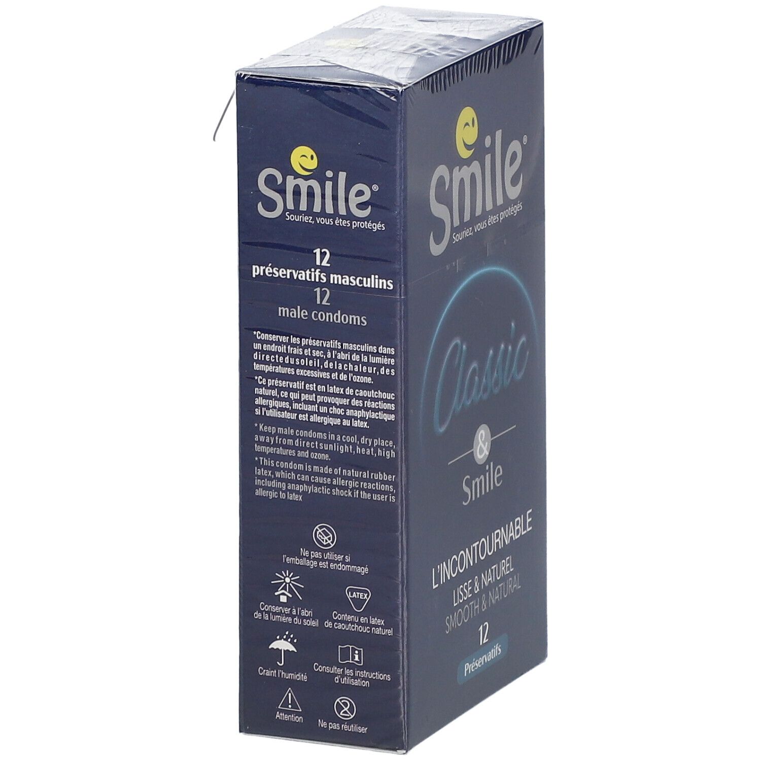 Doosje Smile Classic condooms. Opschrift: 12 condooms, male condoms. Blauw design met Smile-logo.