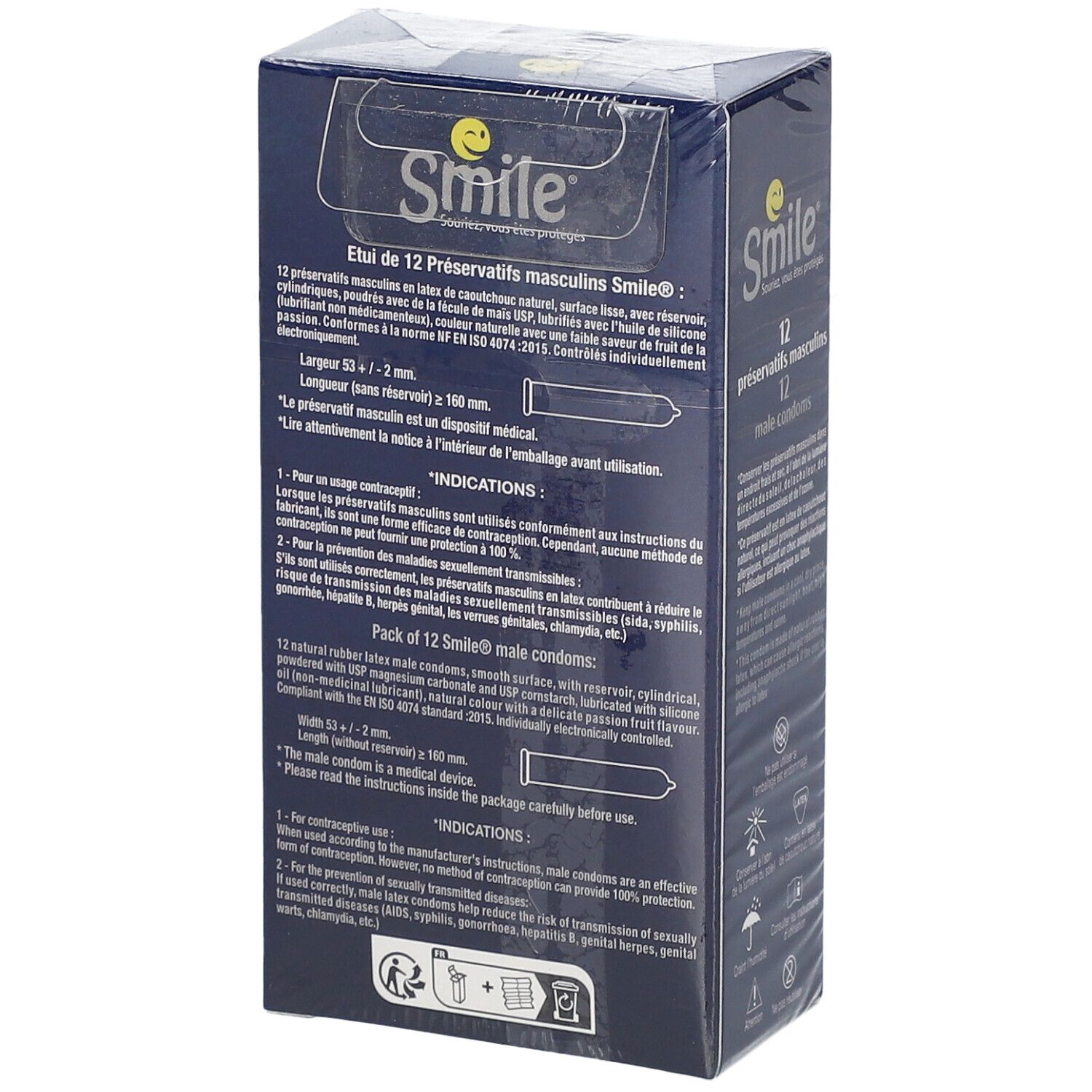 Achterkant verpakking Smile Classic condooms. Tekst: 12 condooms, male condoms. Informatie over ingrediënten en gebruik.
