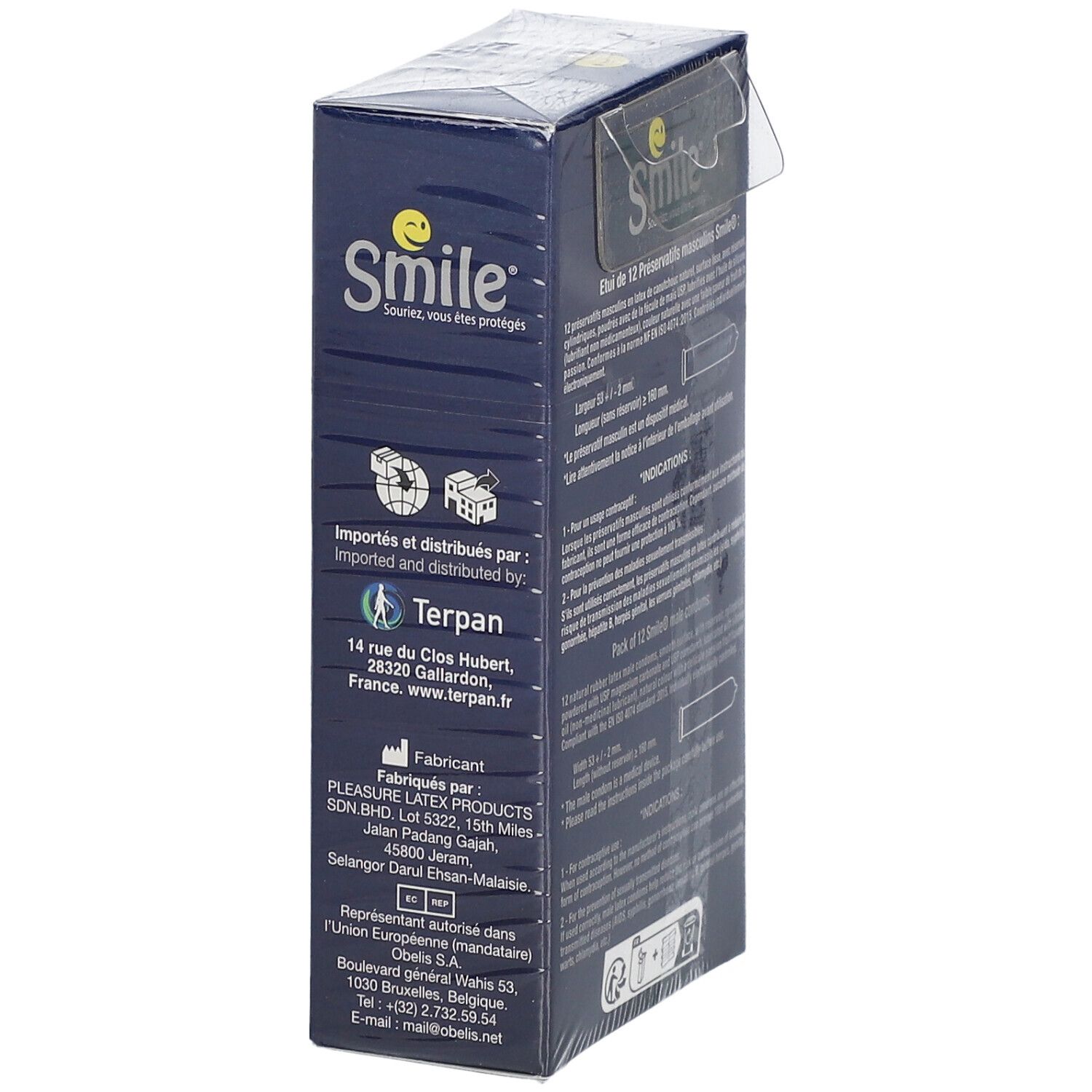 Zijkant verpakking Smile Classic condooms. Informatie over importeur, fabrikant en adres. Terpan-logo.