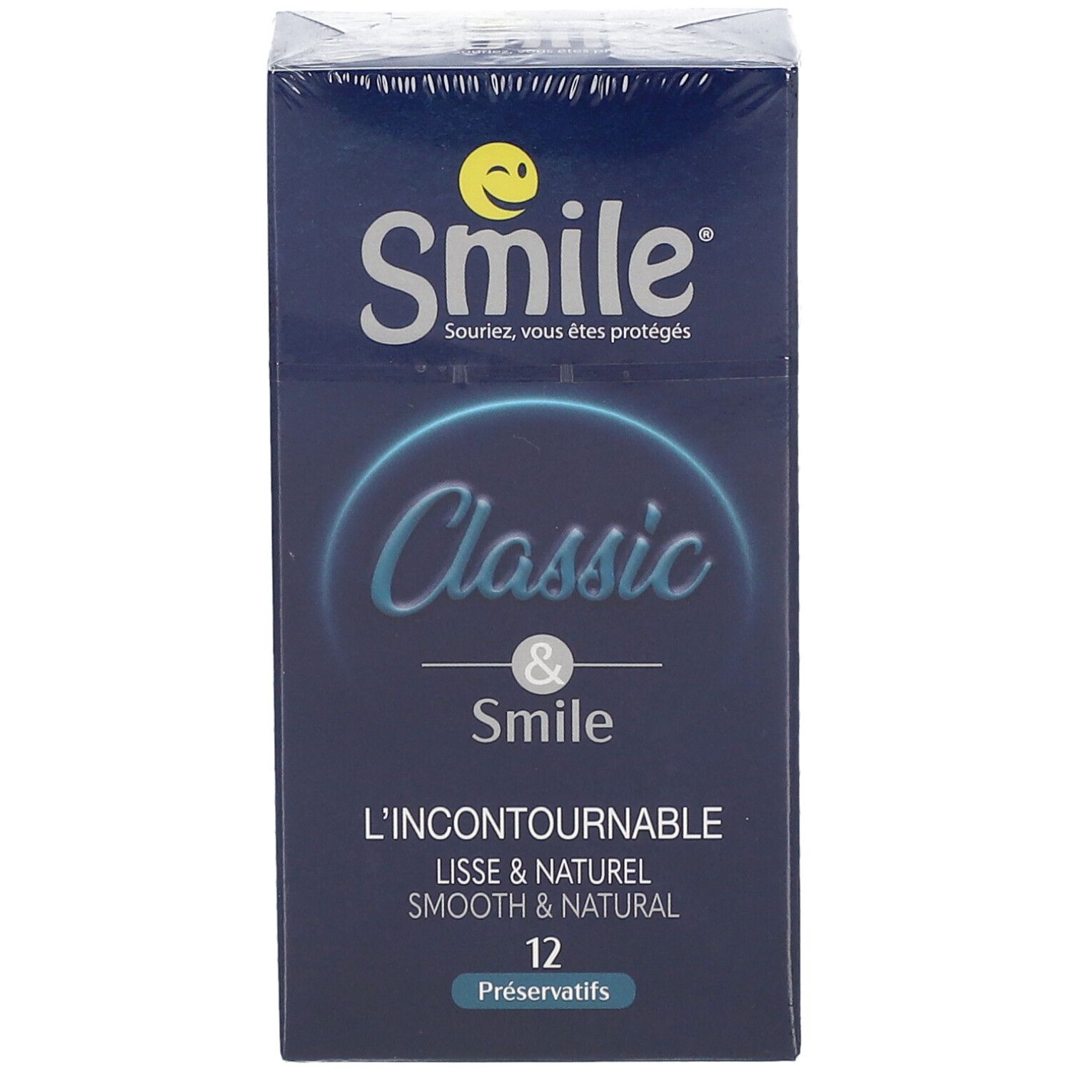 Doosje Smile Classic condooms. Opschrift: Lisse & Naturel, 12 condooms. Blauw design met Smile-logo.