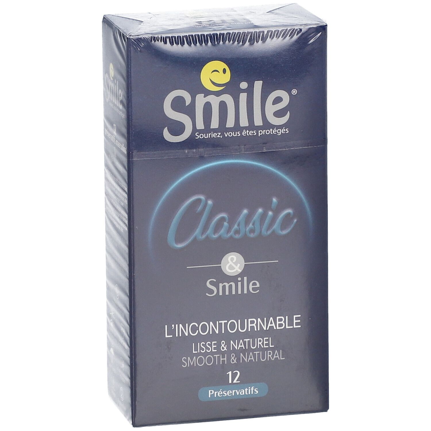Doosje Smile Classic condooms. Opschrift: Lisse & Naturel, 12 condooms. Blauw design met Smile-logo.