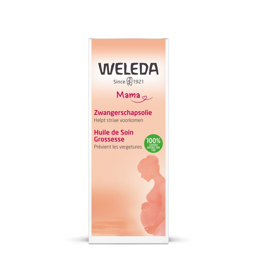 Kartonverpackung mit Produktnamen und Logo. Text in Deutsch und Französisch. Abbildung einer schwangeren Frau. 100% natürliche Inhaltsstoffe.