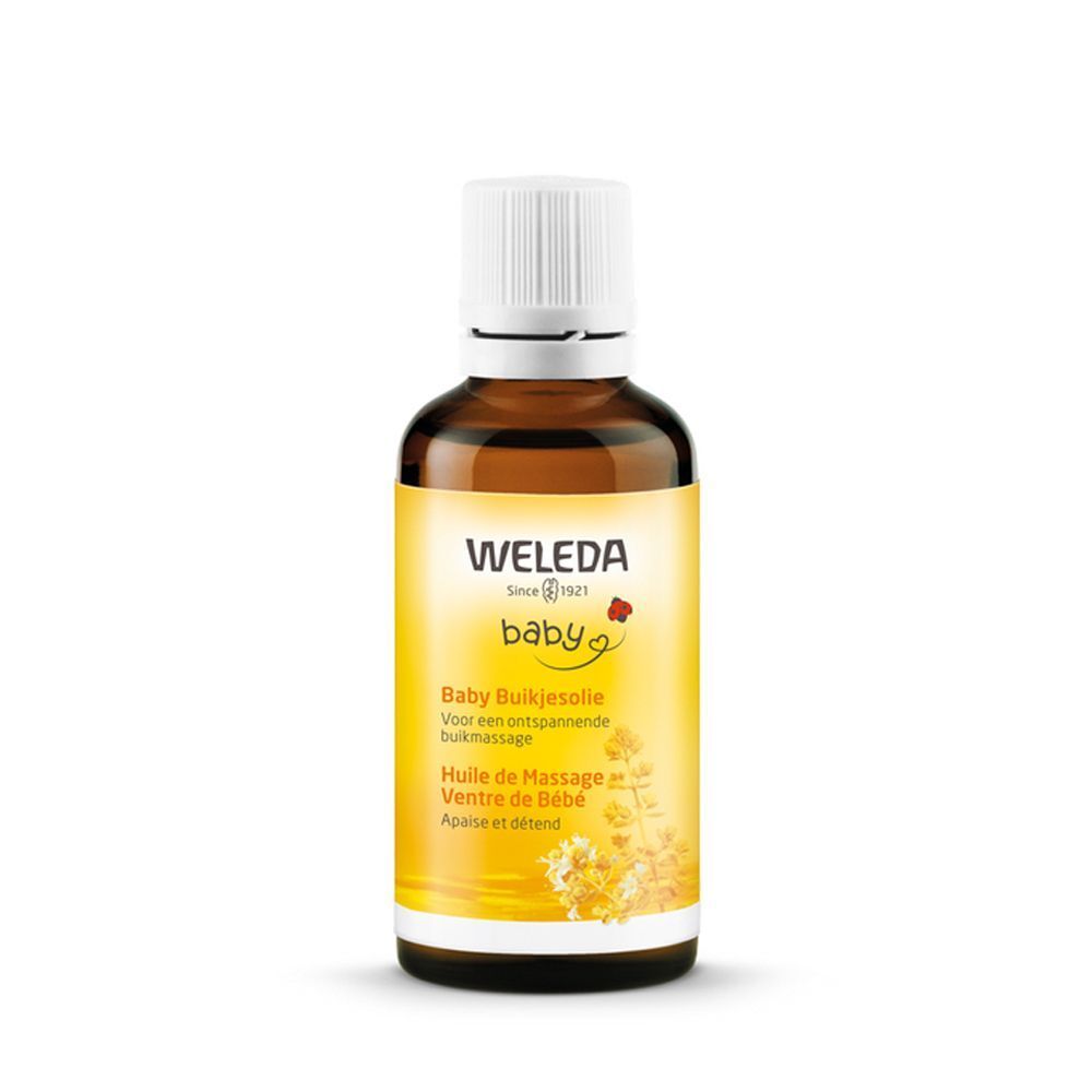 Flacon en verre brun avec étiquette jaune. Texte: Weleda Baby-Bäuchleinöl. Bouchon blanc.