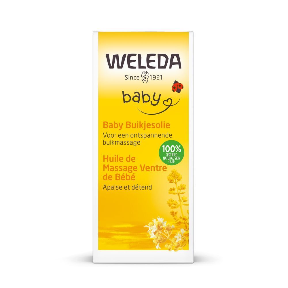 Emballage jaune avec texte: Weleda Baby-Bäuchleinöl. Cercle vert: 100% Certified Natural Skin Care.