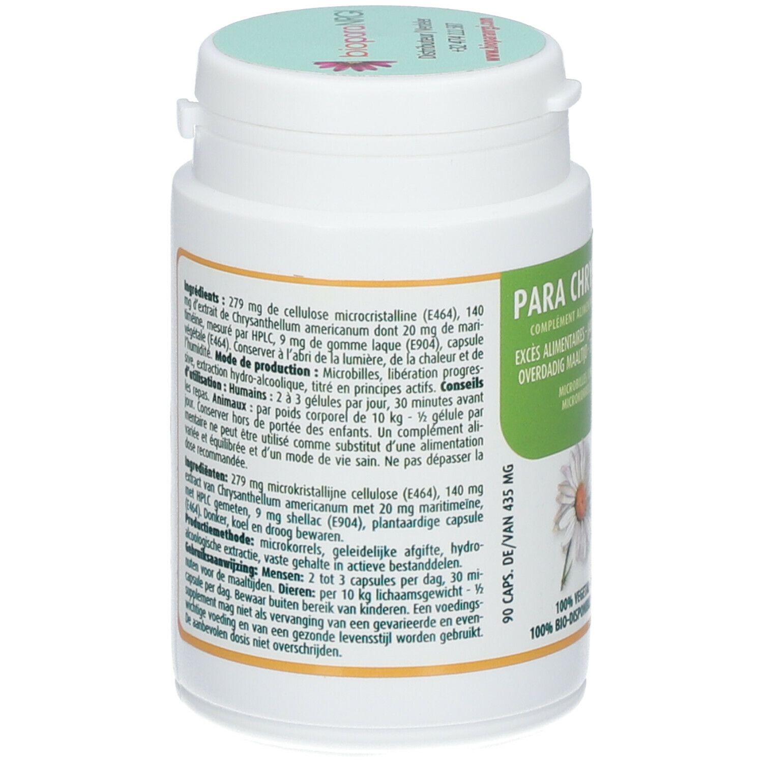 Dos d'une boîte blanche avec étiquette verte. Texte avec ingrédients et instructions d'utilisation. 90 capsules.