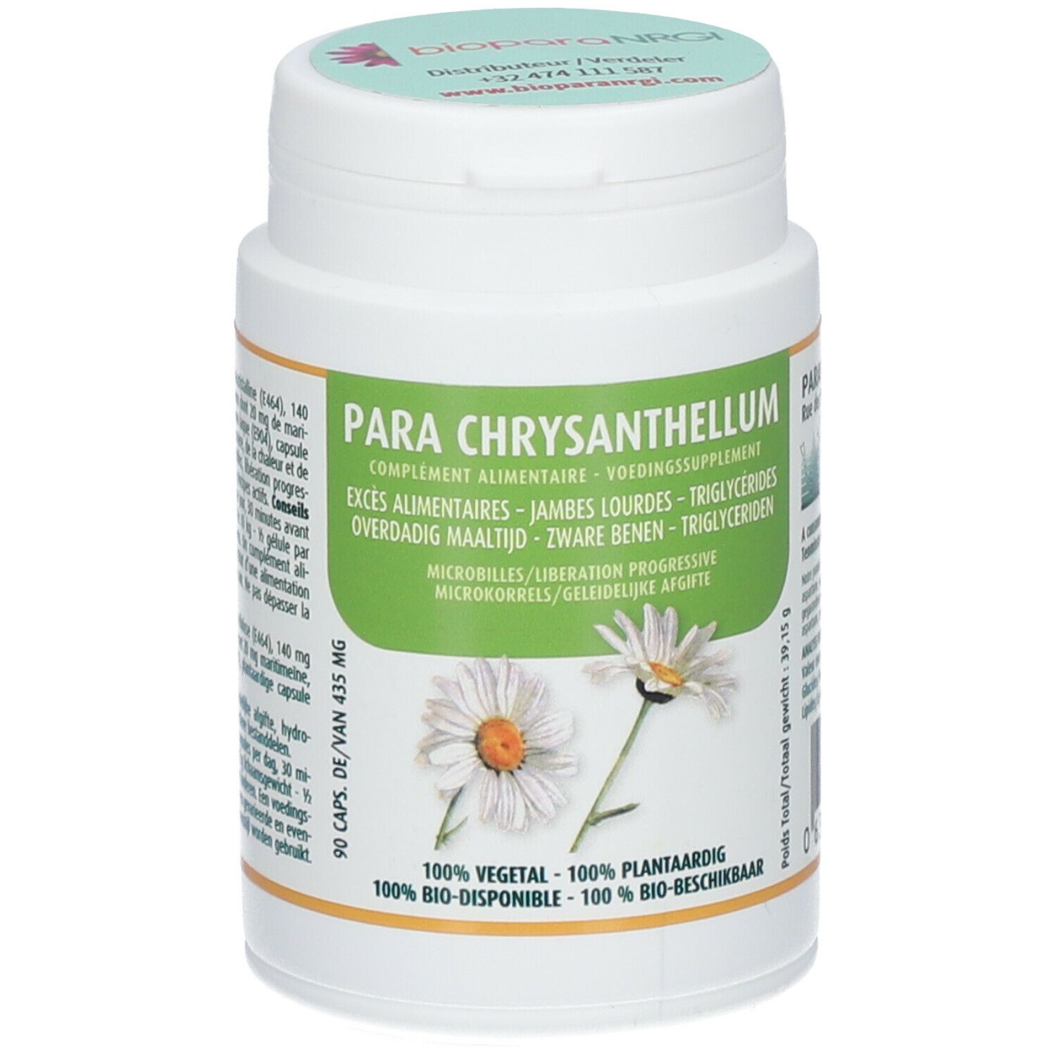 Boîte blanche avec étiquette verte. Inscription: Para Chrysanthellum. 90 capsules. Image d'une camomille.