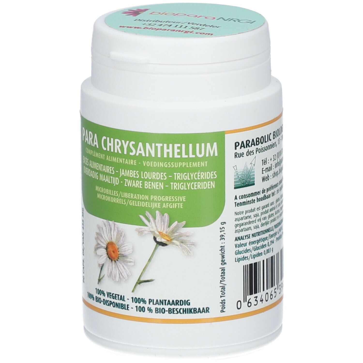 Boîte blanche avec étiquette verte. Inscription: Para Chrysanthellum. 90 capsules. Image d'une camomille.