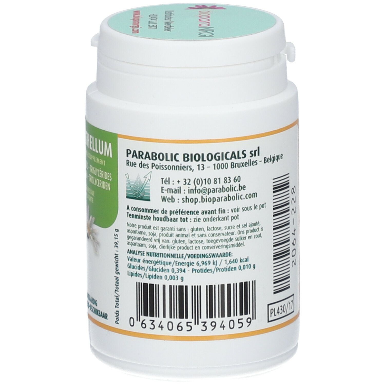 Dos d'une boîte blanche avec étiquette verte. Texte, code-barres et adresse du fabricant. 90 capsules.