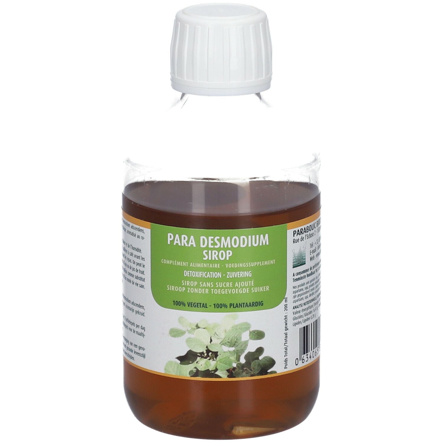 Bouteille transparente avec liquide brun et bouchon blanc. Étiquette verte et blanche avec texte: PARA DESMODIUM SIRUP.
