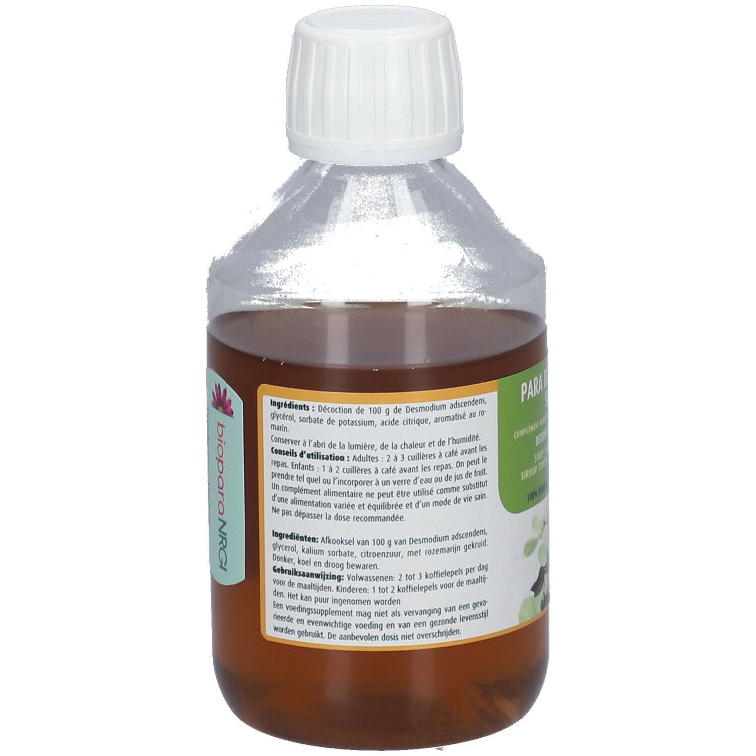 Dos de la bouteille avec liquide brun. Étiquette avec ingrédients et instructions. Marque: biopara NRGI.