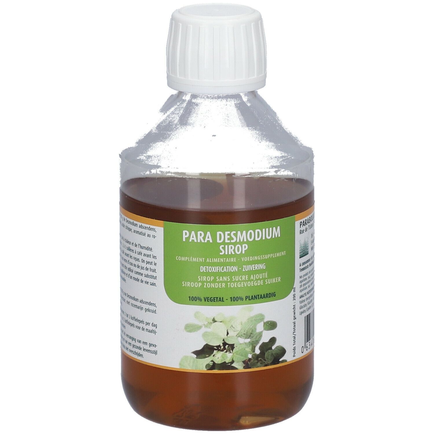 Bouteille transparente avec liquide brun et bouchon blanc. Étiquette verte et blanche avec texte: PARA DESMODIUM SIRUP.