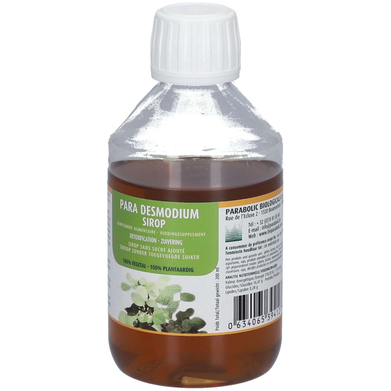 Bouteille transparente avec liquide brun et bouchon blanc. Étiquette verte et blanche avec texte: PARA DESMODIUM SIRUP.